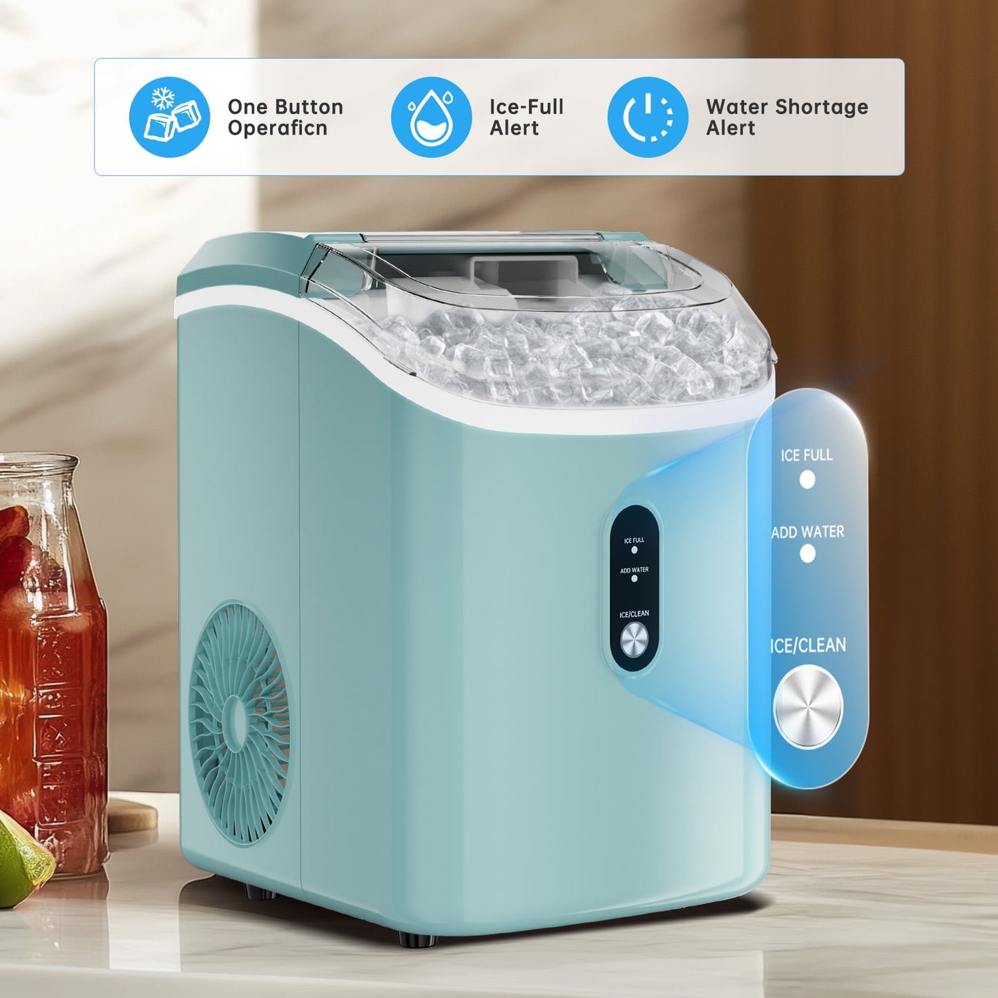 Nugget Ice Maker Countertop ,Pebble Ice Maker Machine with Self-Cleaning Function, 33lbs/24H with Ice Scoop and Basket for Home/Kitchen/Office, Light Blue