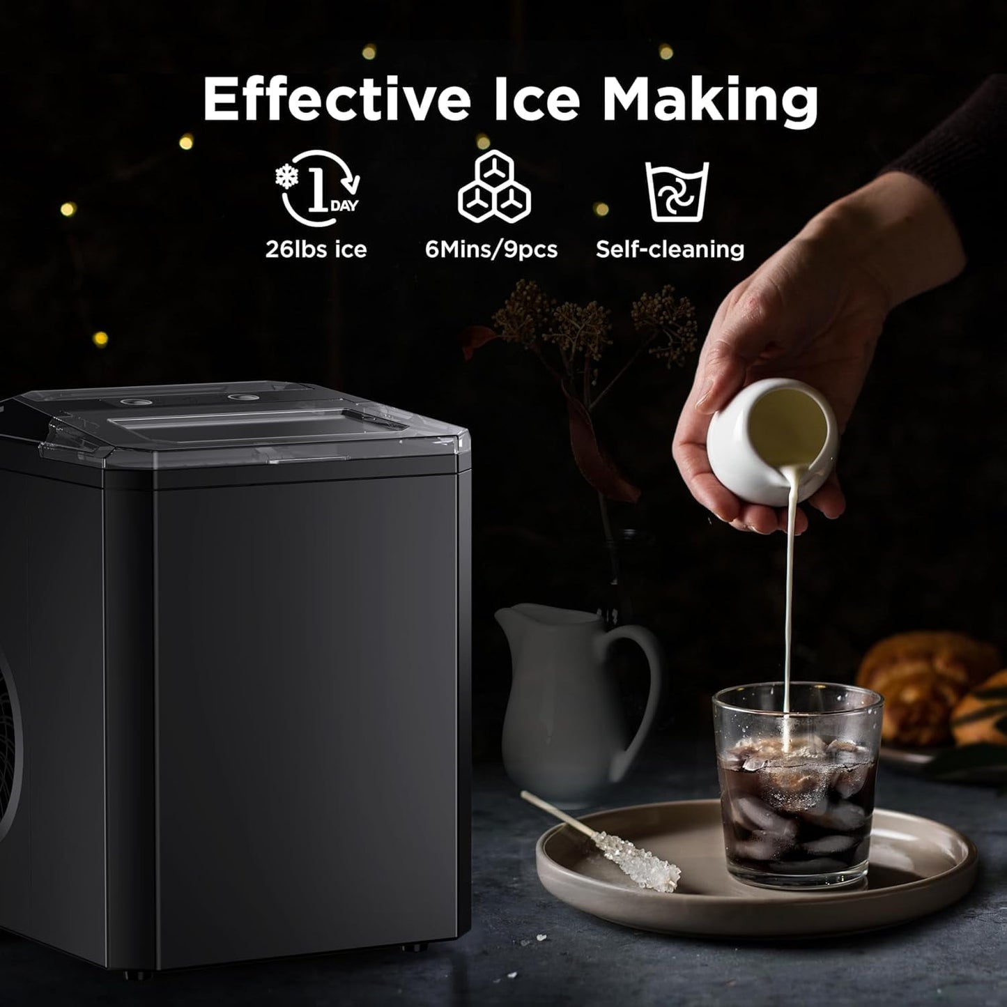 Countertop Ice Maker Machine, Portable Ice Makers Countertop, 26lbs/24H, 9 Cubes in 7 Mins, Self-Cleaning Ice Maker with Ice Scoop and Basket, Black