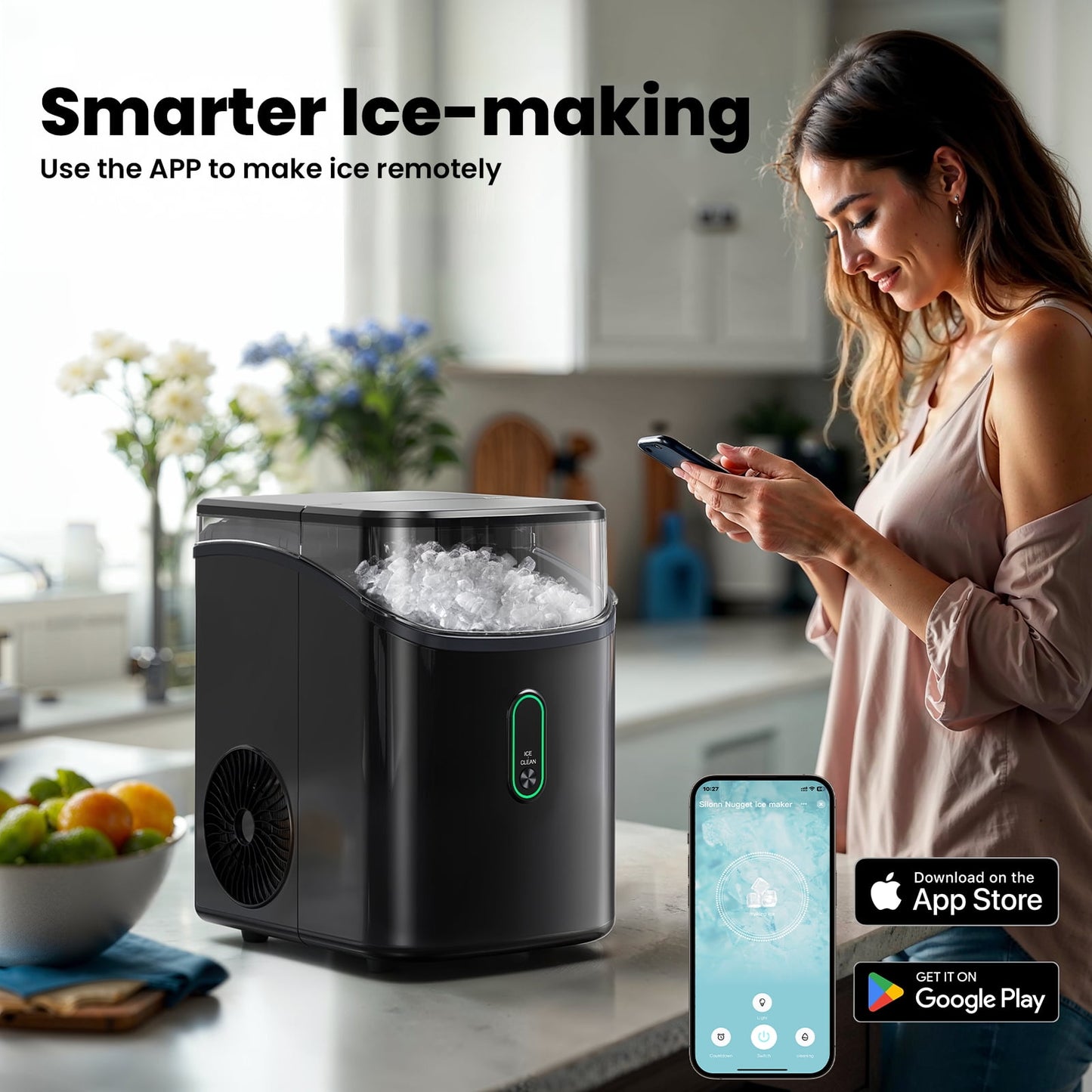 Philergo Nugget Ice Maker Countertop, WiFi Pebble Ice Machine with Timer and Self-Cleaning Function, 35 lbs/24 Hrs for Home, Kitchen, RV, Camping, Black