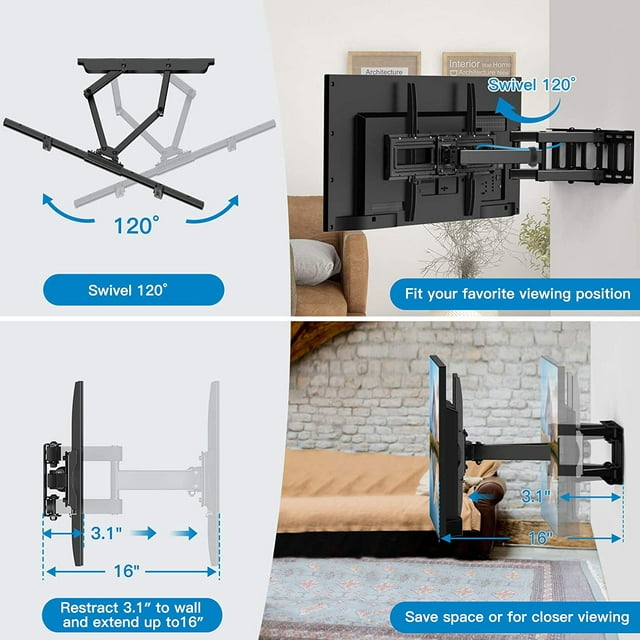 MountFTV Full Motion TV Wall Mount Bracket for 37-75 Inch LCD, QLED,OLED 4K Flat Curved TVs, Max 600x400mm,hold up to 132lbs