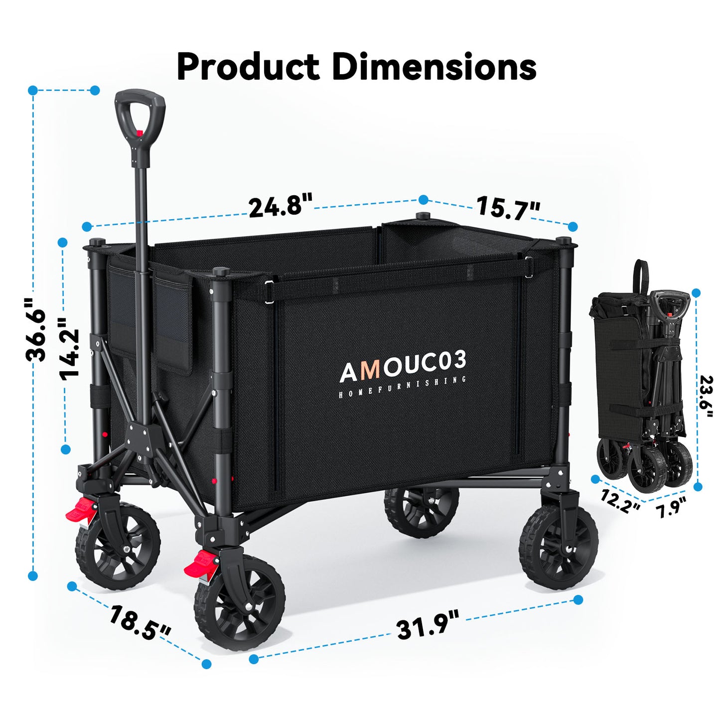 Foldable Wagon with Expandable Storage Space & Locking Front Wheels, Portable Collapsible Wagon Cart with 2 Cup Holder for Groceries, Camping, Shopping, Garden, Beach