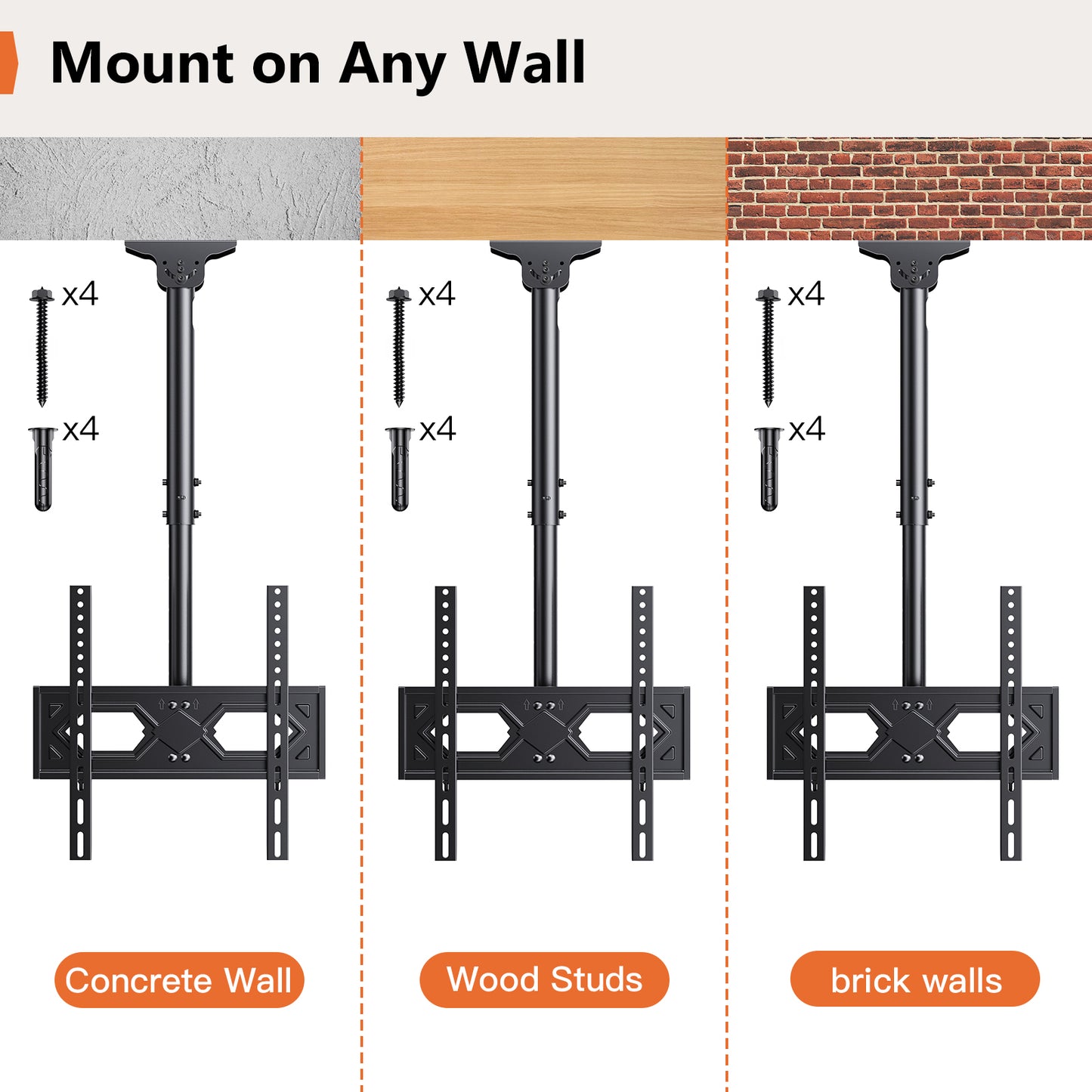 MountFTV Ceiling TV Mount for 26-65 inch TVs,Adjustable Height Full Motion Full Motion TV Mount Bracket, Holds up to 110lbs, Max 400x400mm