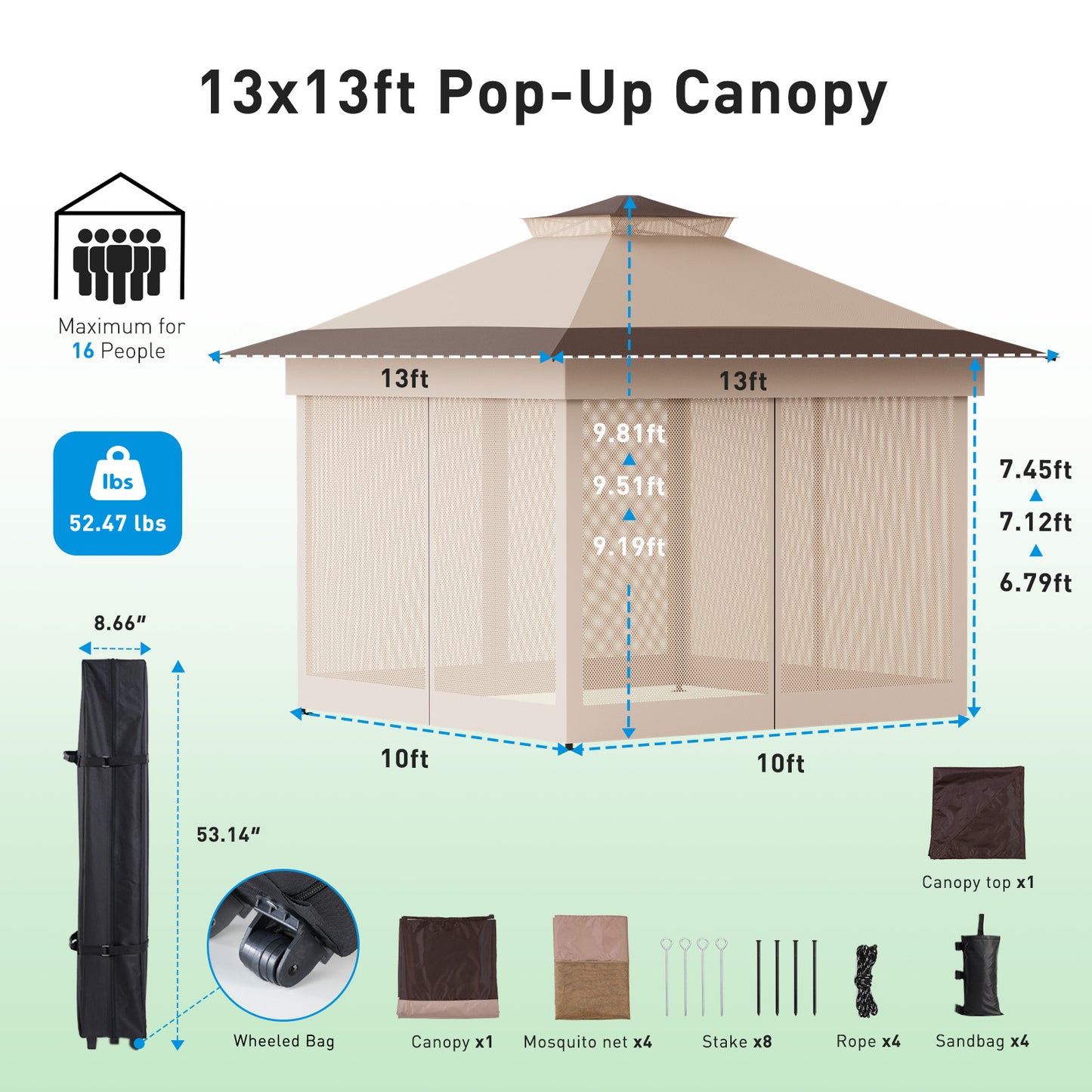 CHITOOMA 13 x 13 ft Outdoor Pop-up Gazebo, Patio Canopy Tent with Mosquito Nettings Vented Top and 169 Square ft of Shade for Garden, Party, Backyard, Khaki