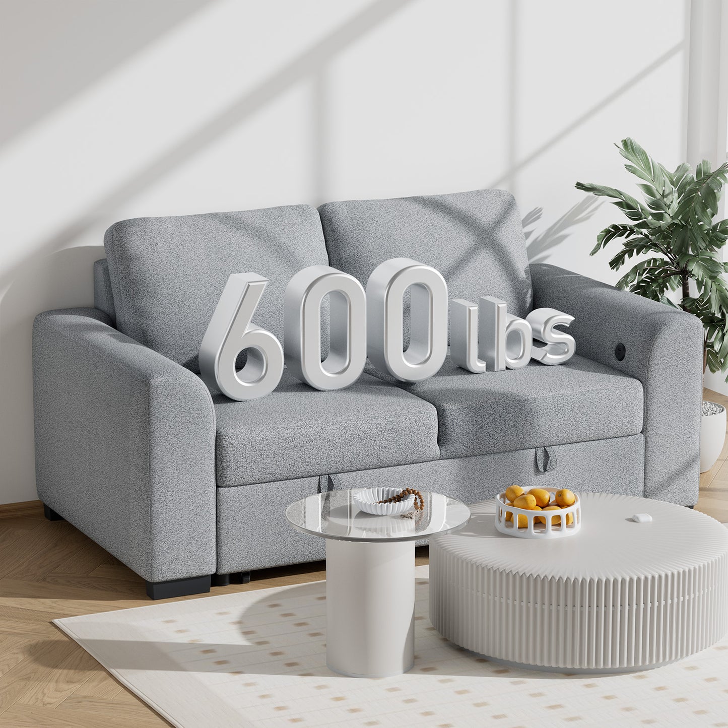 CHITOOMA 60'' Pull Out Sofa Bed Convertible Sleeper Couch with Charging Port, Upholstered Sectional Sofa with 2 Pillows, Reclining Sofas for Living Room, Light Gray