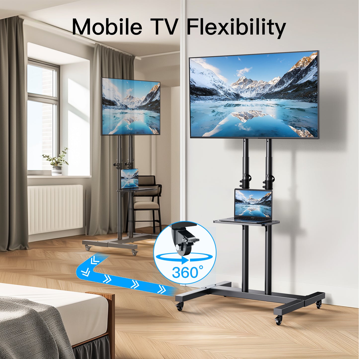 Modern Rolling Floor TV Stand Mobile Tilting TV Cart Floor TV Stand with Shelf for 32-75 inch Flat Panel TVs,Max 600x400mm