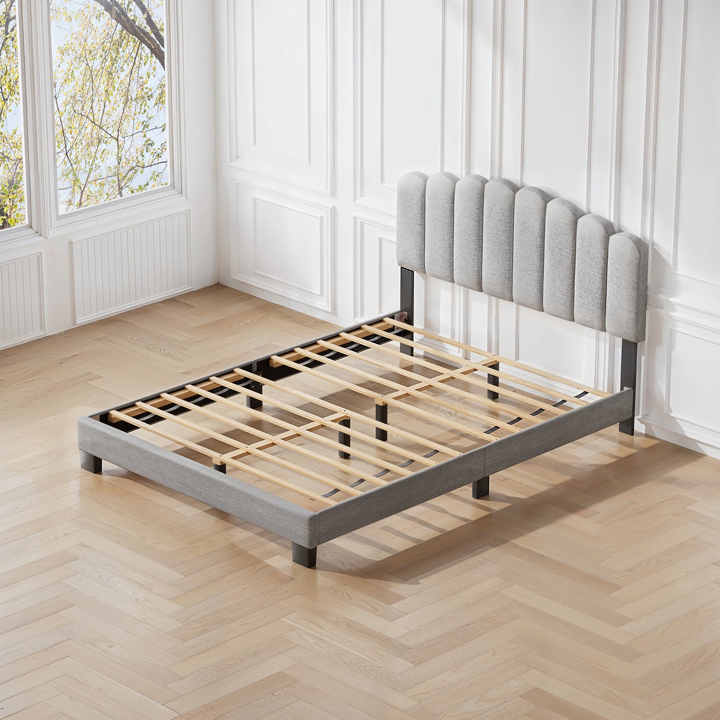 CHITOOMA Full Size Bed Frame with Adjustable Headboard, Grey Linen Upholstered Platform Bed Frame Full No Box Spring Needed, Noise-Free, Heavy Duty