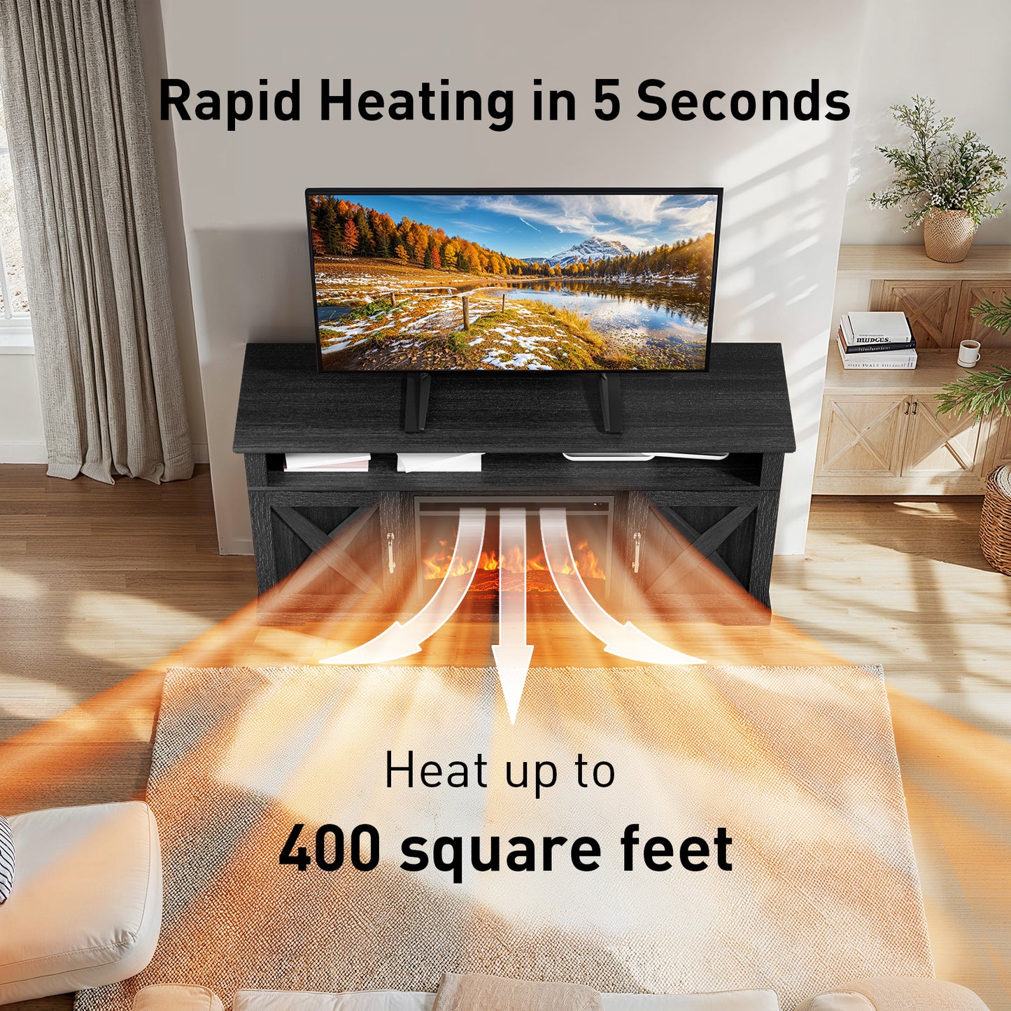 Electric Fireplace TV Stand for TVs up to 65", Farmhouse Entertainment Center with Fireplace, Black