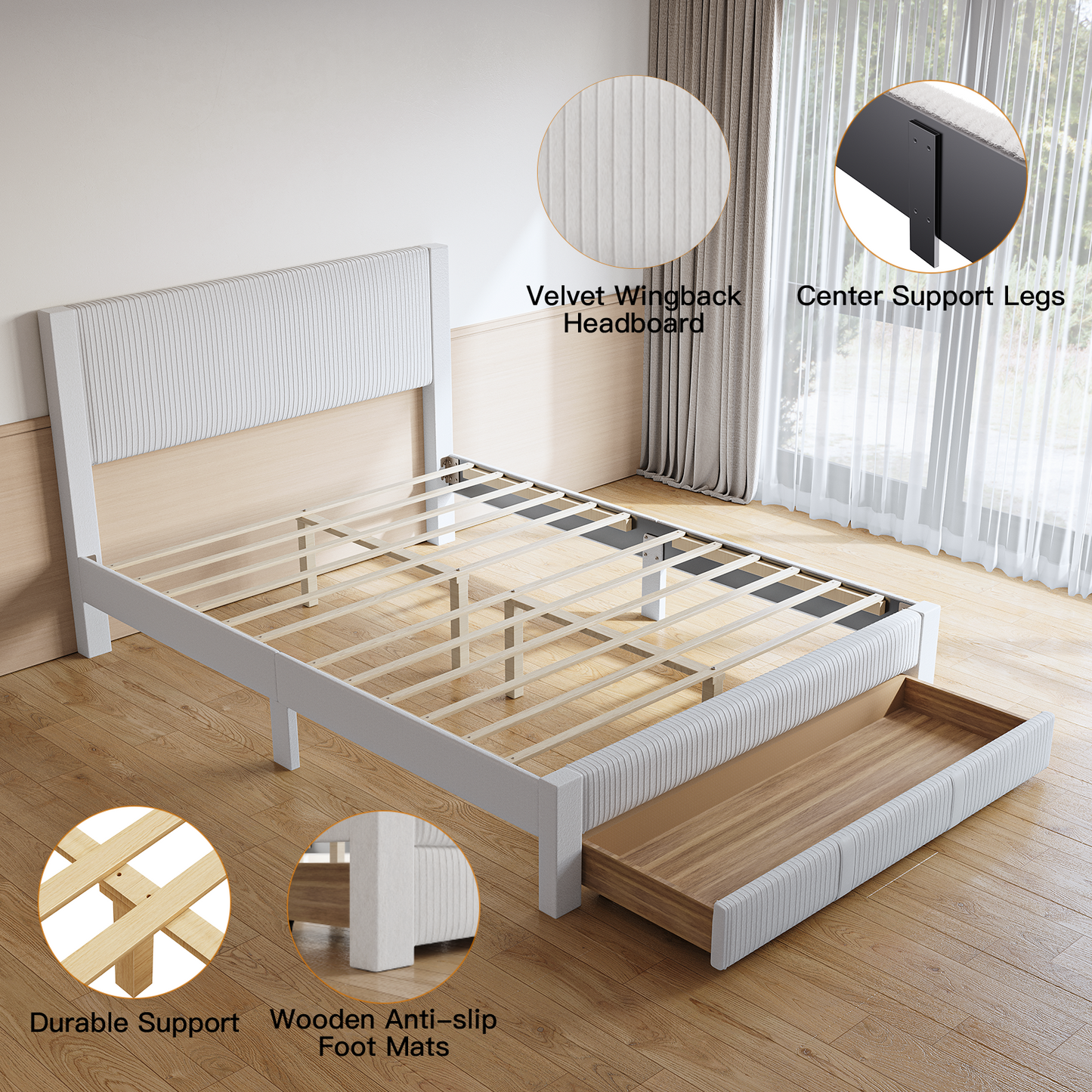 CHITOOMA Queen Bed Frame with Headboard, Velvet Upholstered Platform Bed Frame Queen Size with Storage Drawers, No Box Spring Needed, Heavy Duty, White