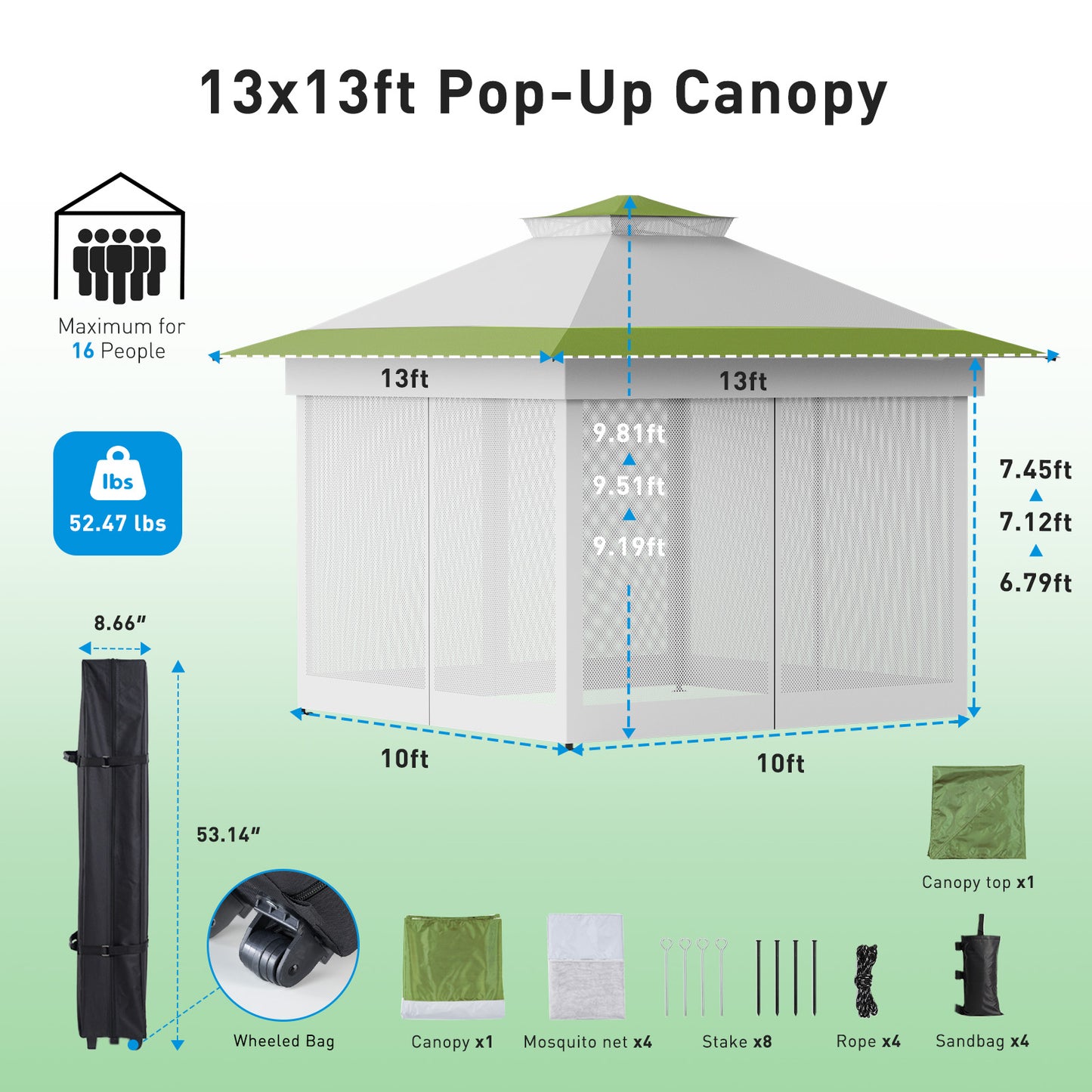 CHITOOMA 13 x 13 ft Outdoor Pop-up Gazebo, Patio Canopy Tent with Mosquito Nettings Vented Top and 169 Square ft of Shade for Garden, Party, Backyard, Green