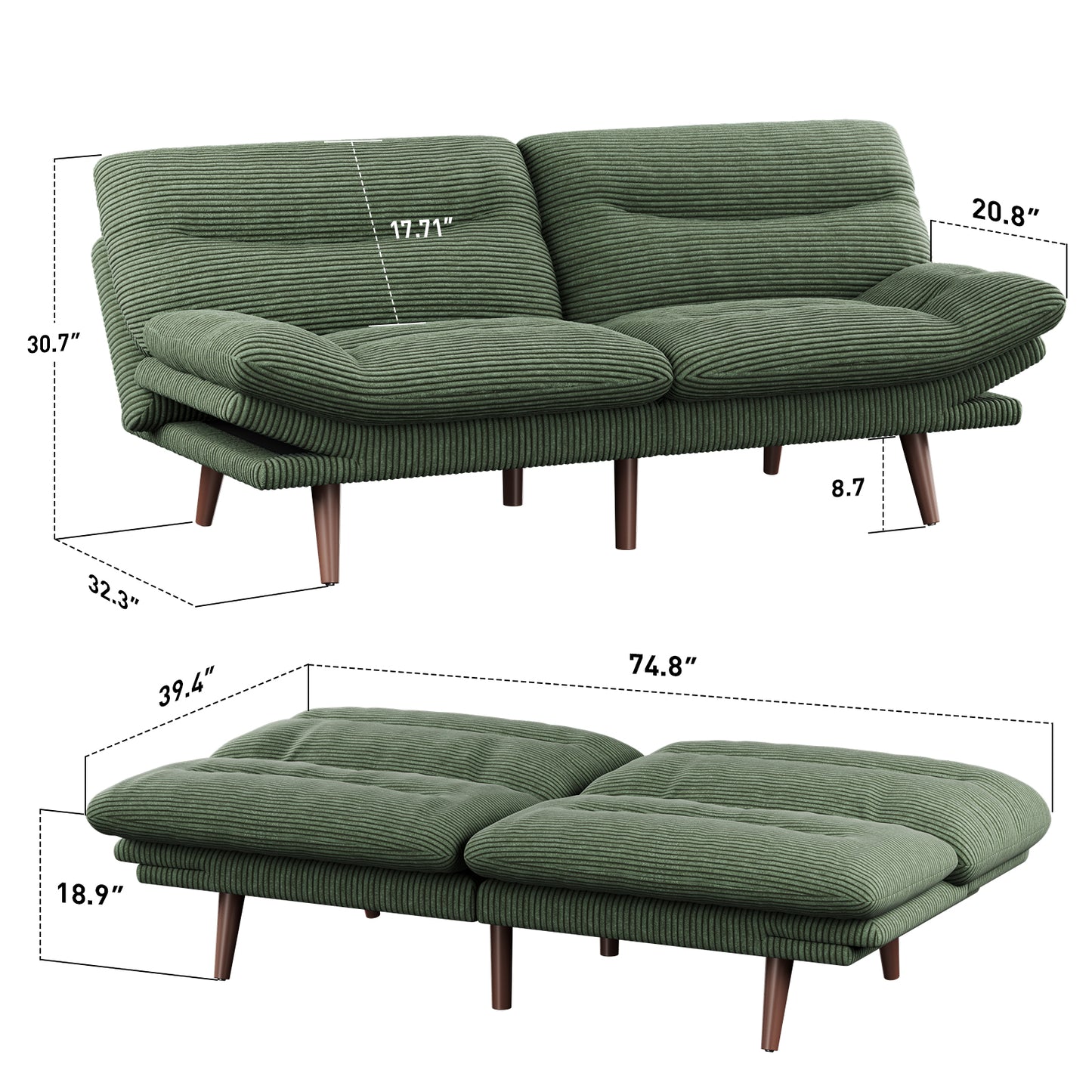 CHITOOMA 75" W Corduroy Convertible Futon Sofa Bed with Adjustable Backrest & Armrests, Comfy Loveseat Folding Sleeper Sofa Couches for Living Rooms Apartment Office, Green
