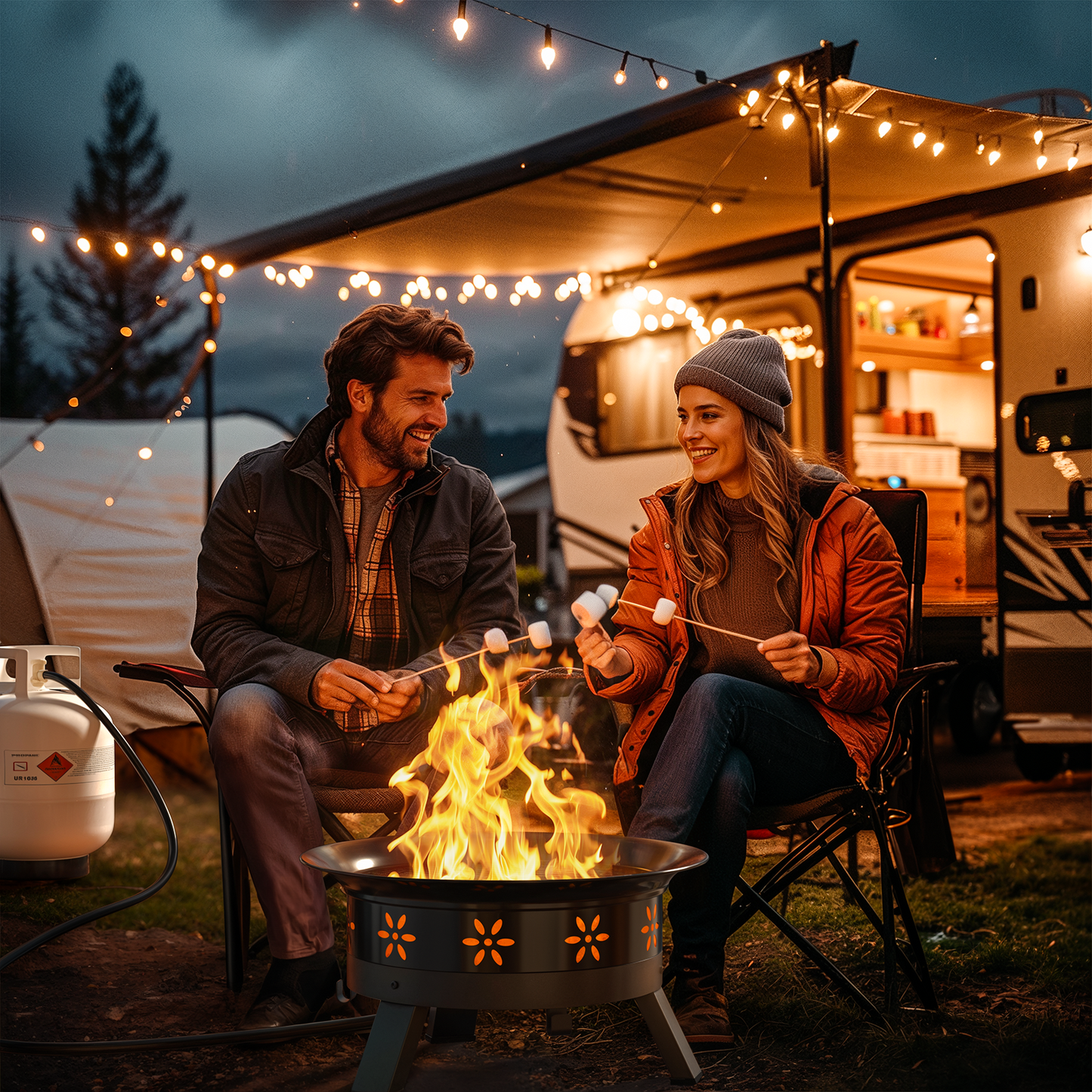 24 inch Portable Fire Pits with Grill for Outside 58000 BTU Gas Fire Bowl with Foldable Legs & Lid & Carry Kit & Lava Rock Stone