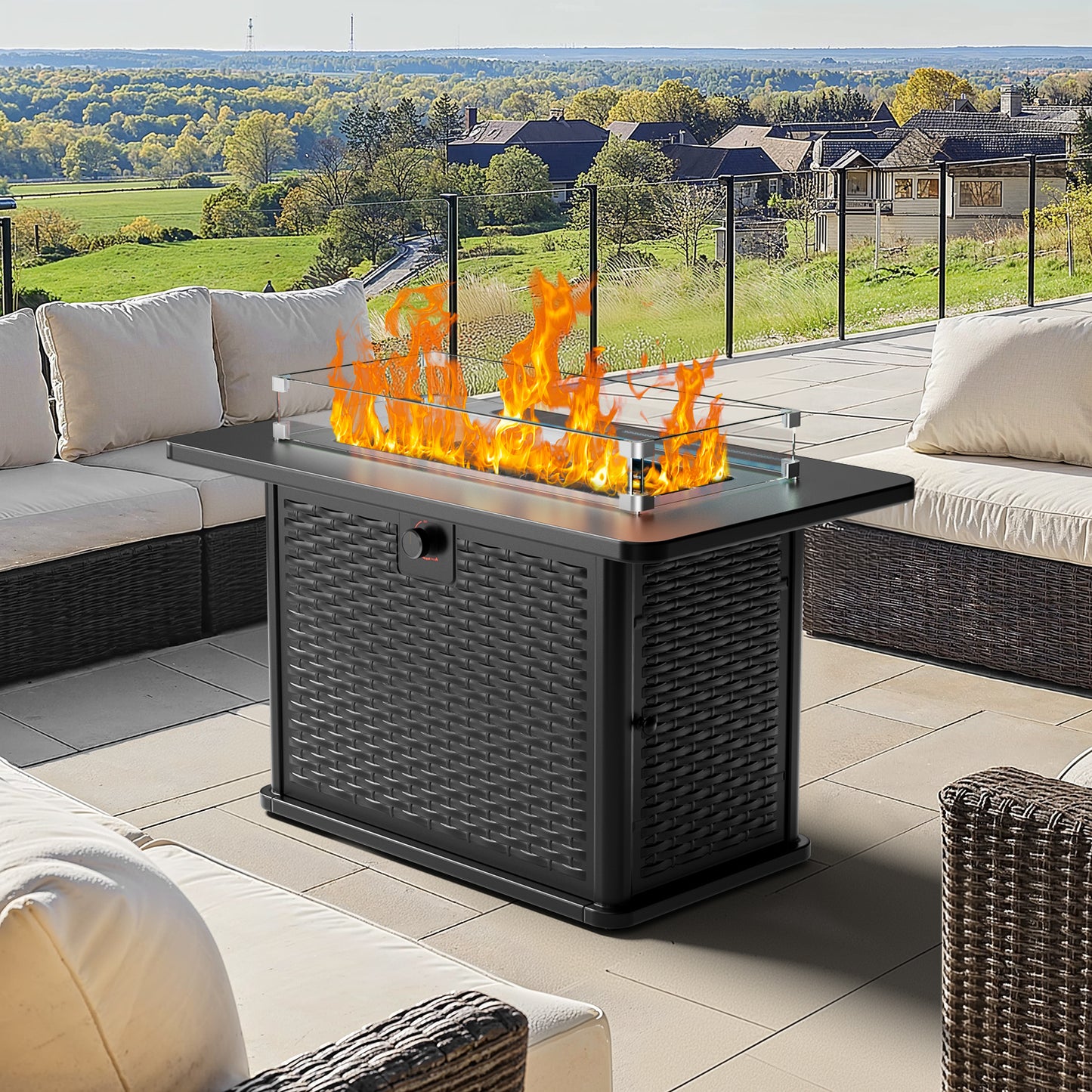 43" Rectangular Propane Gas Fire Pit Table with Wind Guard & Glass Rocks for Patio & Garden, Black Outdoor Fireplace with Lid & Lava Rocks