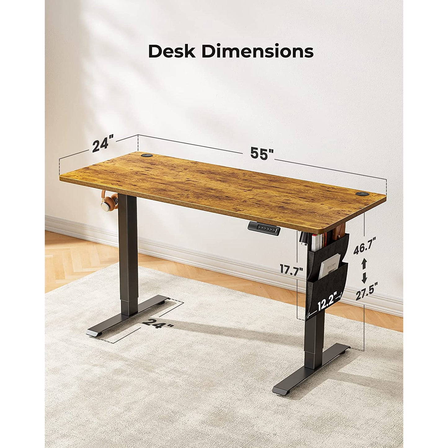 CHITOOMA 55" x 24" Electric Standing Desk, Adjustable Height Sit to Stand Desk with 4 Memory Pre-Set, Storage Bag, Headphone Hook for Home Office, Rustic Brown