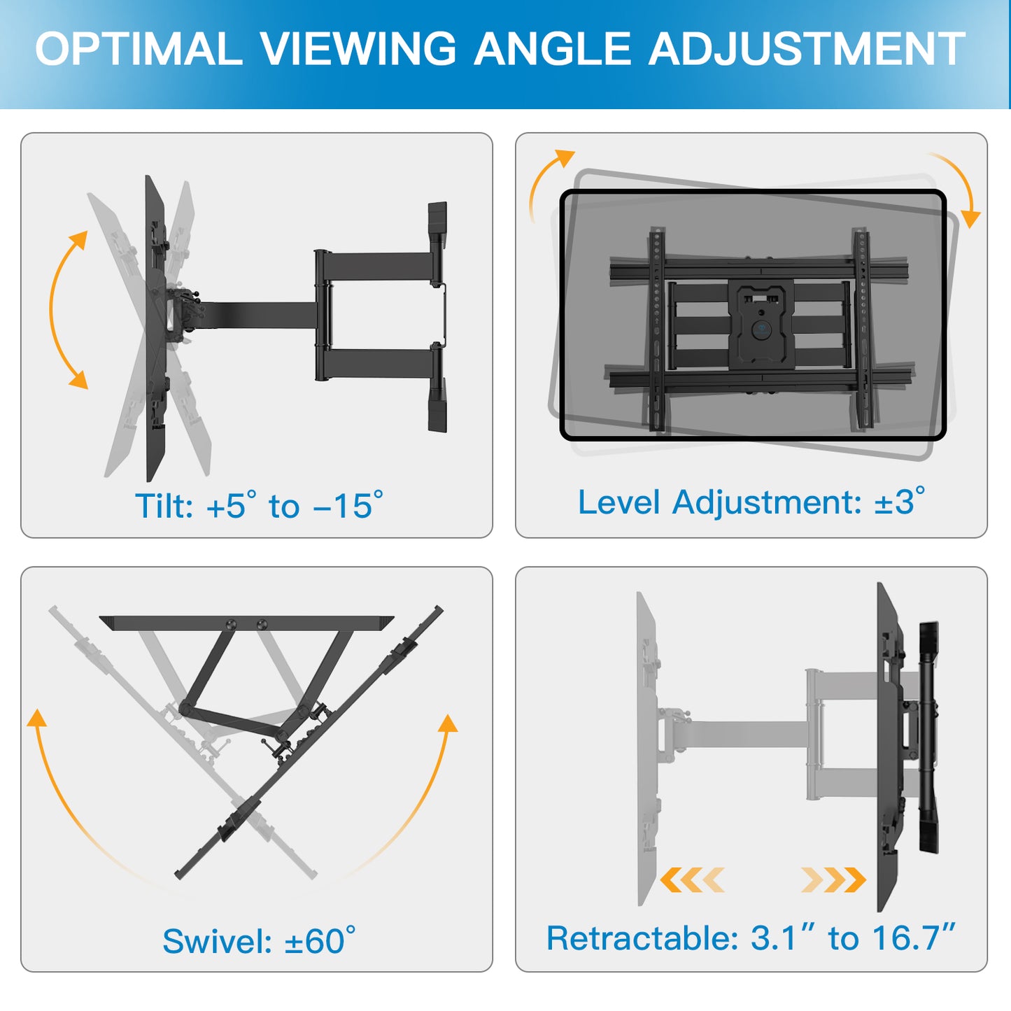 Full Motion TV Wall Mount for 37-80 Inch Flat Curved TVs, up to132 lbs