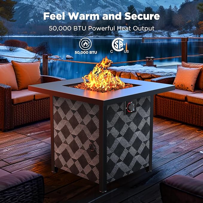 28" Gas Fire Pit Table for Outside 50000 BTU Propane Fire Pit with Lid and Lava Rocks