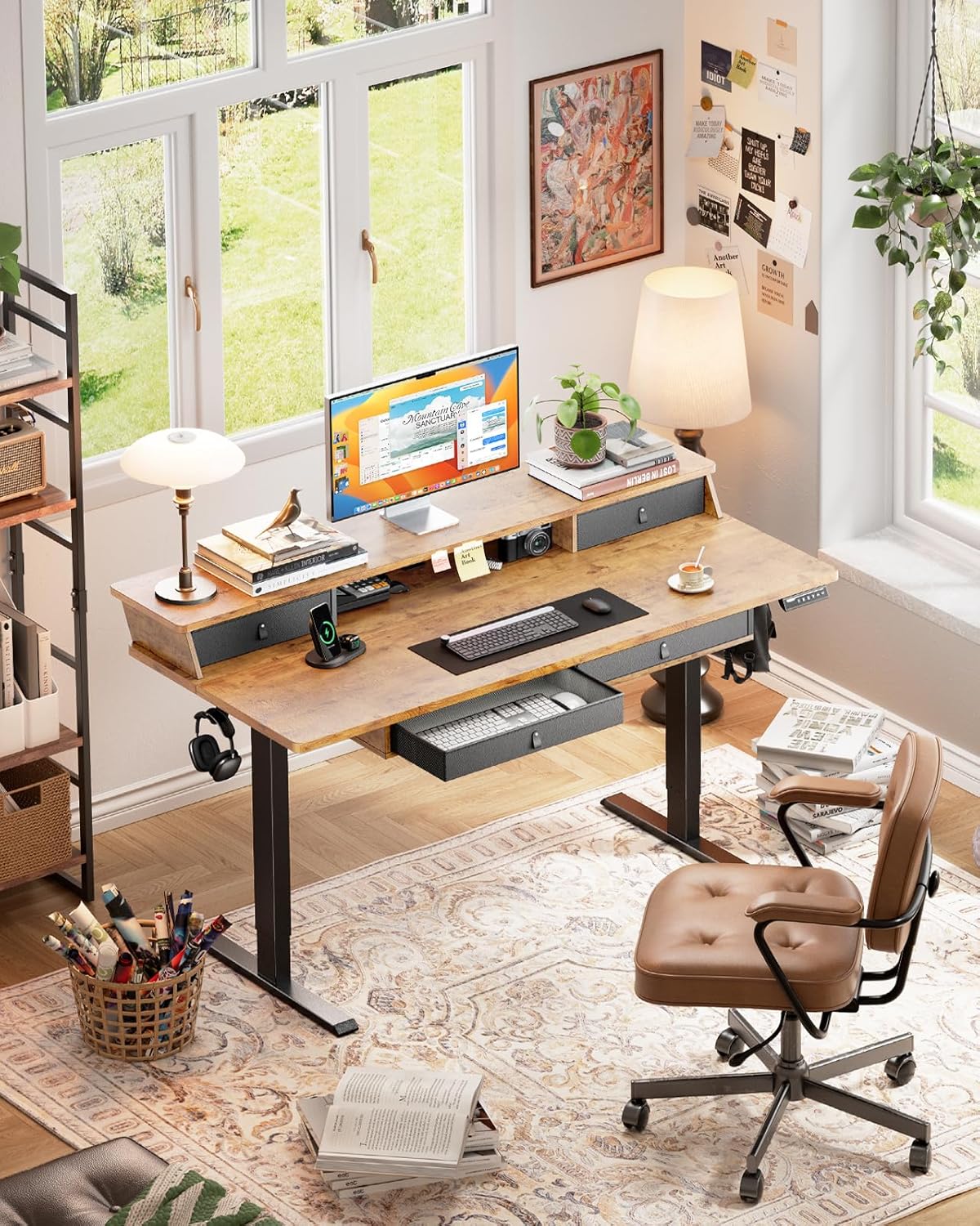 Kyspho 55″ x 30″ Standing Desk with Drawers, Electric Height Adjustable Sit Stand Desk with Storage Shelf, 4 Memory Preset Computer Desk with Cable Management Tray for Home Office, Brown