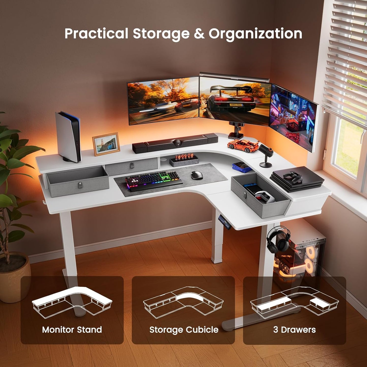 Kyspho 65'' L Shaped Standing Desk, Electric Height Adjustable Corner Computer Desk with 3 Drawers & 2 Cable Management Trays, Sit Stand Up Desk for Gaming Home Office, White