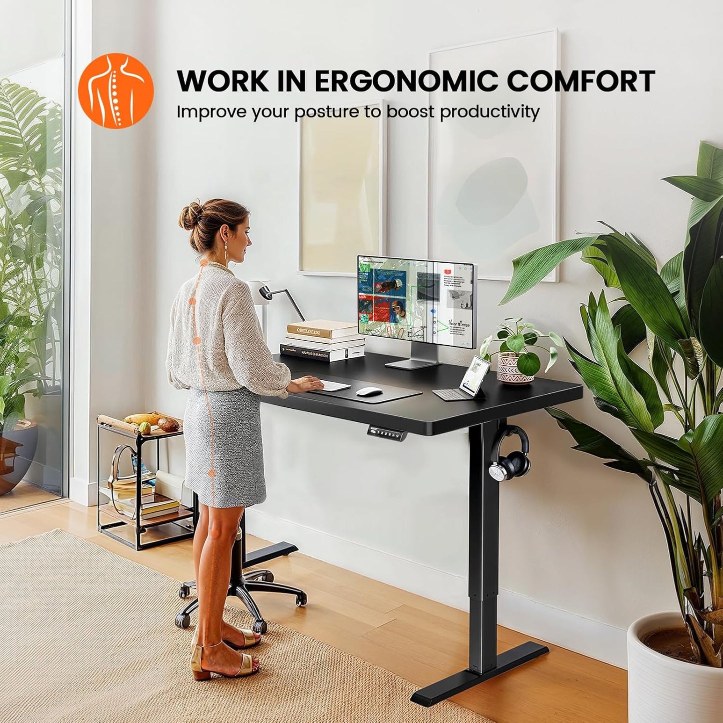 Kyspho 48'' x 30'' Electric Standing Desk, Adjustable Height Sit to Stand Desk with 4 Height Memory & 1.2'' Thick Desk Top, Ergonomic Desk for Home Office, Black