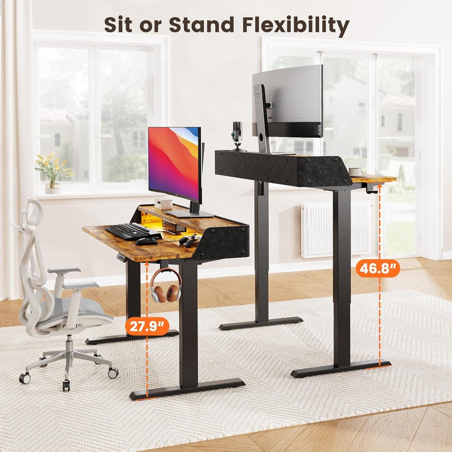 Kyspho 55″ x 28″ Electric Standing Desk with LED, Height Adjustable RGB Gaming Desk with Storage Shelf, Sit Stand Desk with Dual Cable Holes, 4 Preset Heights for Home Office, Brown