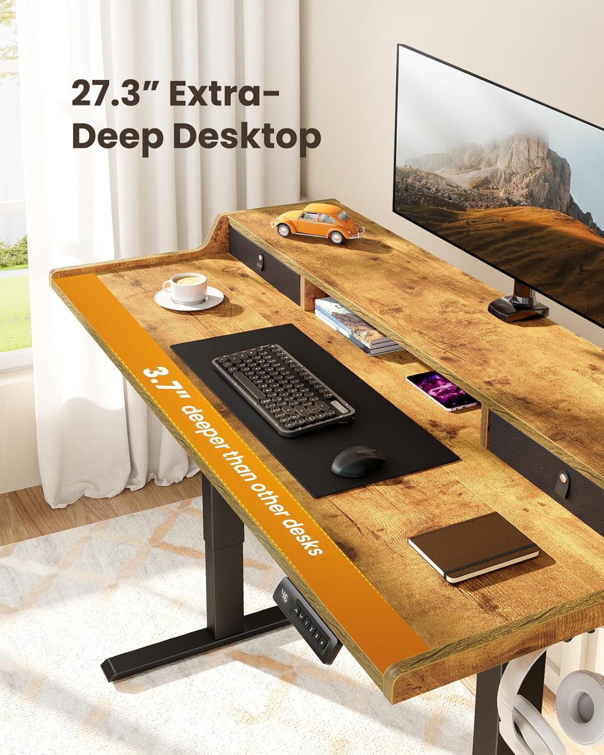 CHITOOMA 63″ x 28″ Electric Standing Desk with Drawers, Height Adjustable Gaming Desk with Monitor Stand & Storage Shelf, 4 Preset Heights for Home Office, Brown