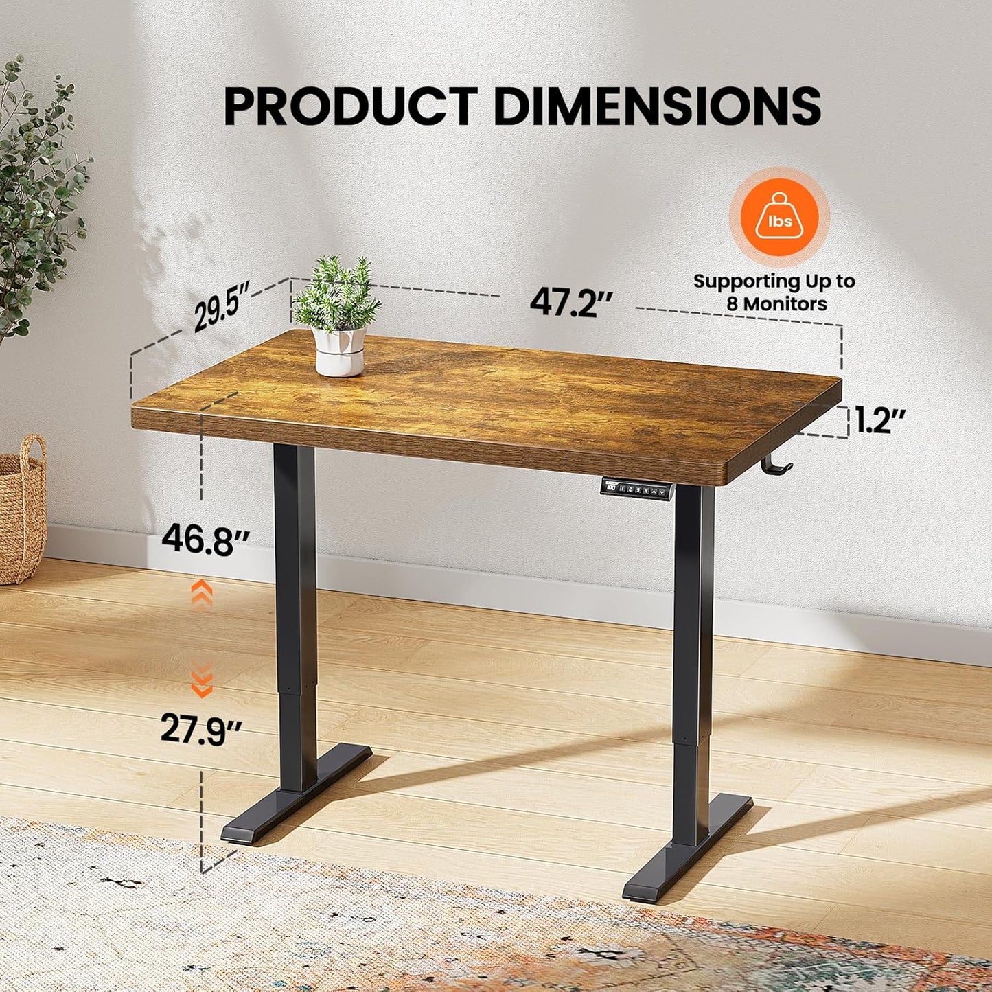 Kyspho 48'' x 30'' Electric Standing Desk, Adjustable Height Sit to Stand Desk with 4 Height Memory & 1.2'' Thick Desk Top, Ergonomic Desk for Home Office, Brown