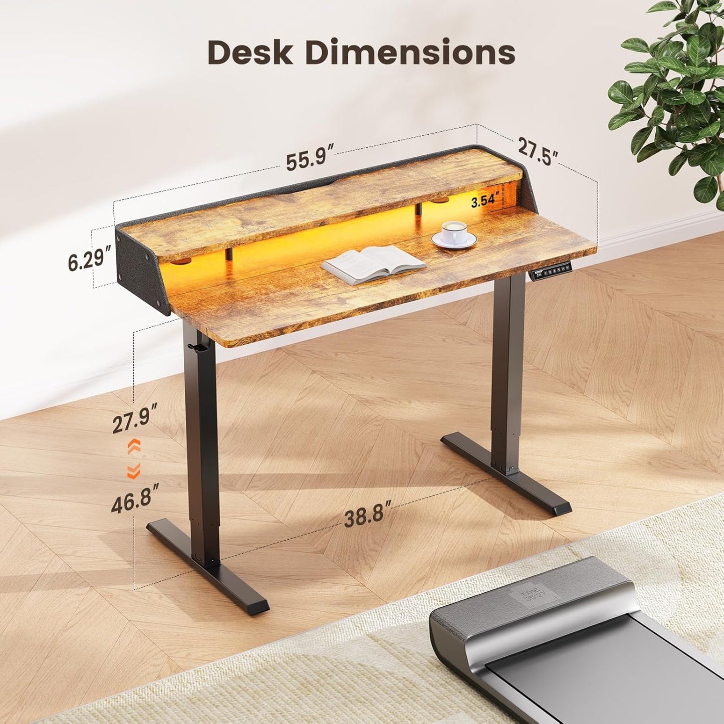 Kyspho 55″ x 28″ Electric Standing Desk with LED, Height Adjustable RGB Gaming Desk with Storage Shelf, Sit Stand Desk with Dual Cable Holes, 4 Preset Heights for Home Office, Brown