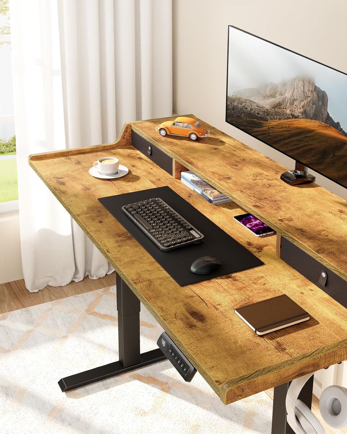 CHITOOMA Electric Standing Desk with Drawers, 40″ x 24″ Height Adjustable Stand up Desk with Storage Shelf, Gaming Desk Compatible Monitor Stand, 4 Preset Heights for Home Office, Brown