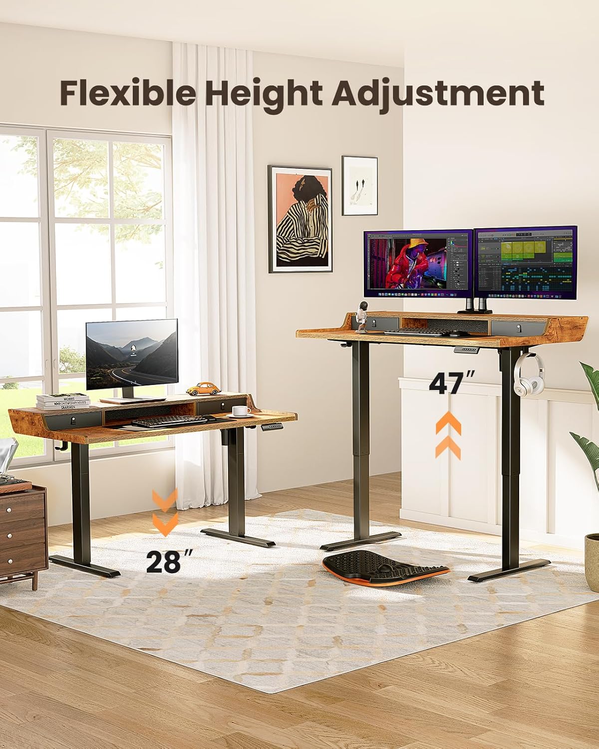 CHITOOMA Electric Standing Desk with Drawers, 40″ x 24″ Height Adjustable Stand up Desk with Storage Shelf, Gaming Desk Compatible Monitor Stand, 4 Preset Heights for Home Office, Brown