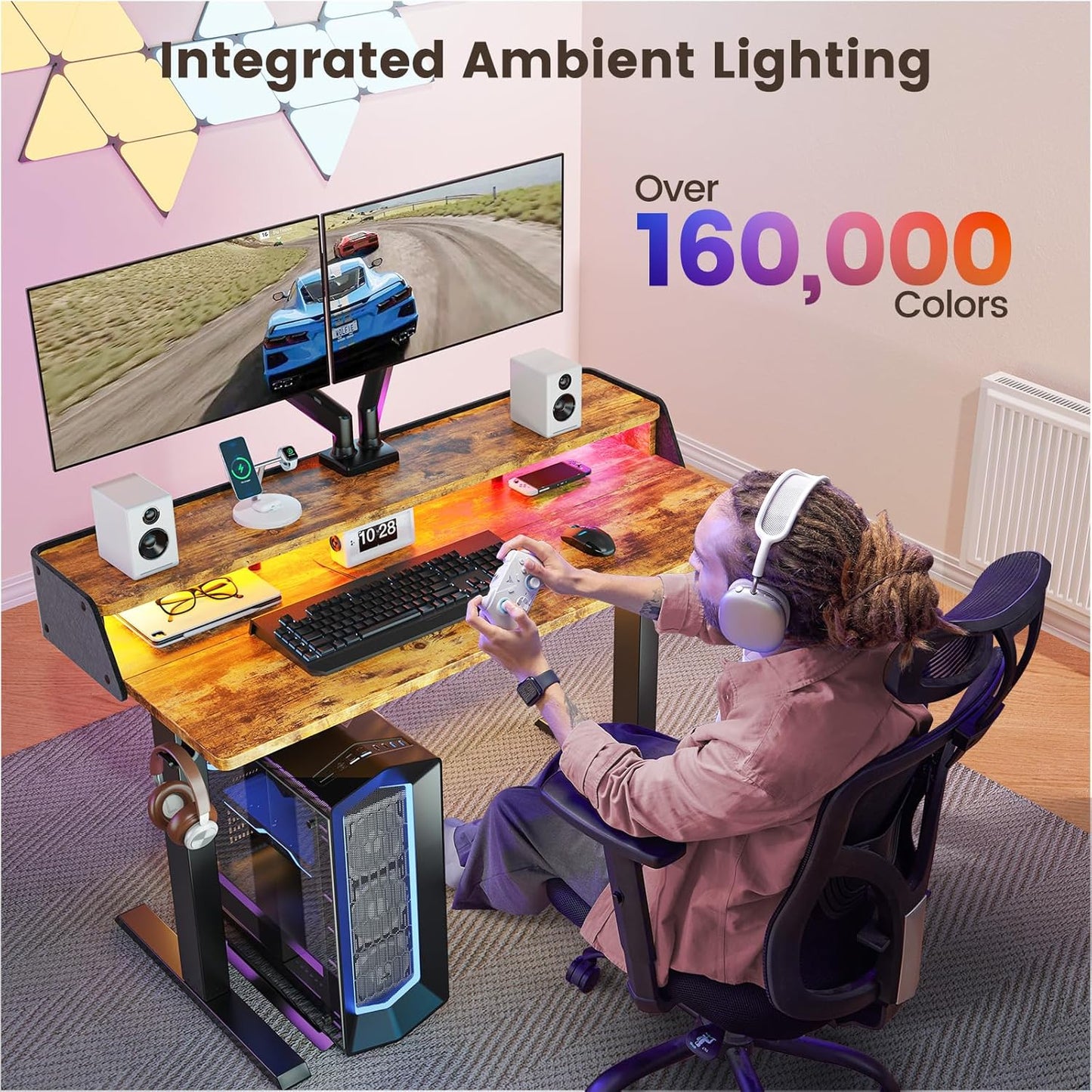 Kyspho 55″ x 28″ Electric Standing Desk with LED, Height Adjustable RGB Gaming Desk with Storage Shelf, Sit Stand Desk with Dual Cable Holes, 4 Preset Heights for Home Office, Brown