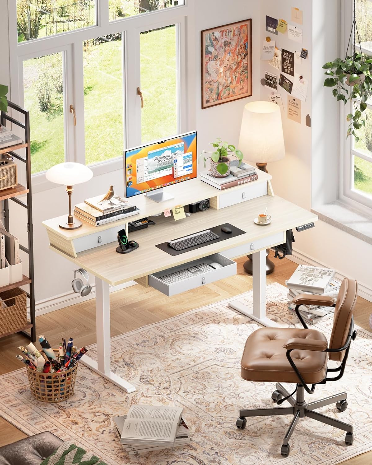 Kyspho 48″ x 30″ Standing Desk with Drawers, Electric Height Adjustable Sit Stand Desk with Storage Shelf, 4 Memory Preset Computer Desk with Cable Management Tray for Home Office, Oak