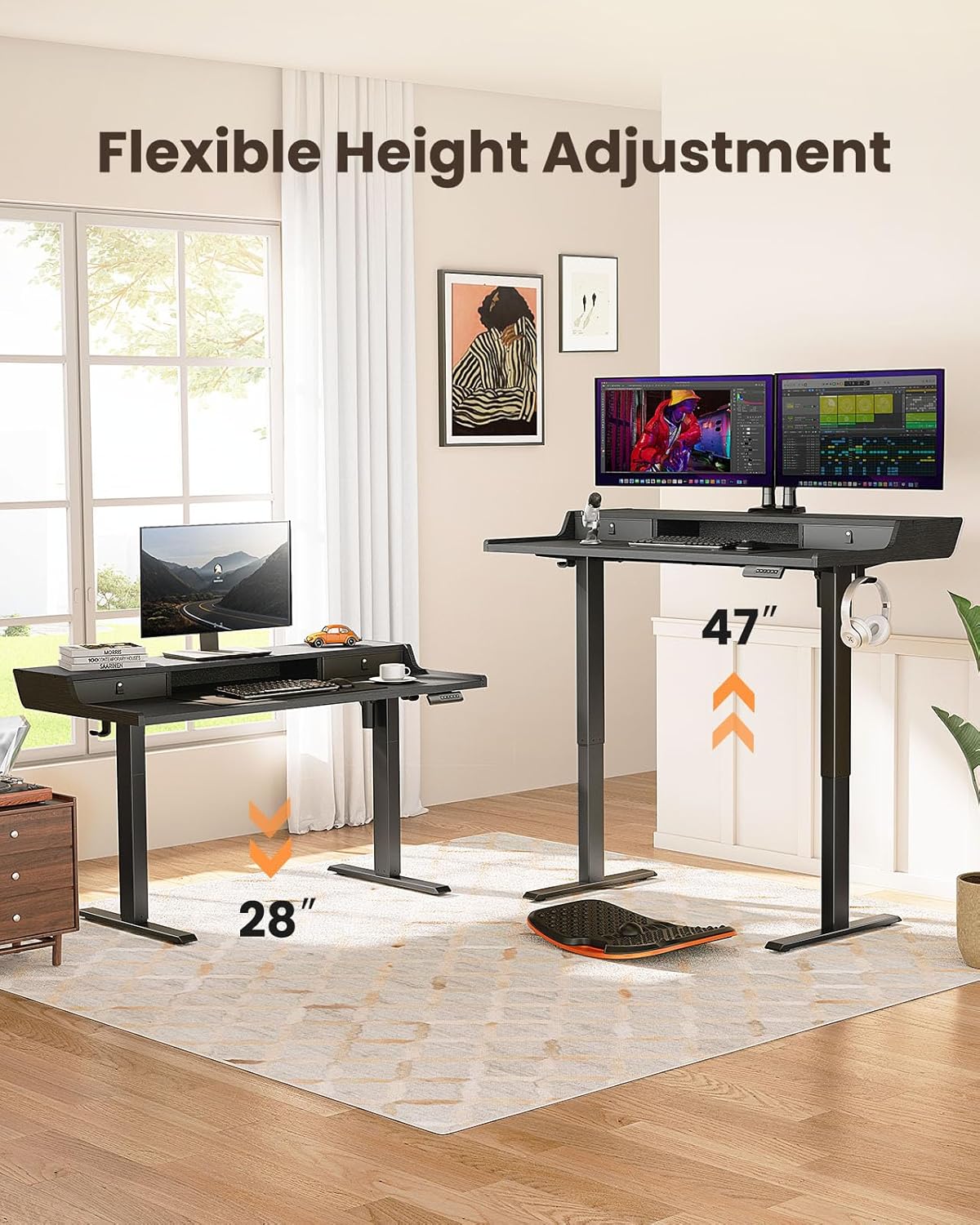 CHITOOMA 63″ x 28″ Electric Standing Desk with Drawers, Height Adjustable Gaming Desk with Monitor Stand & Storage Shelf, 4 Preset Heights for Home Office, Black