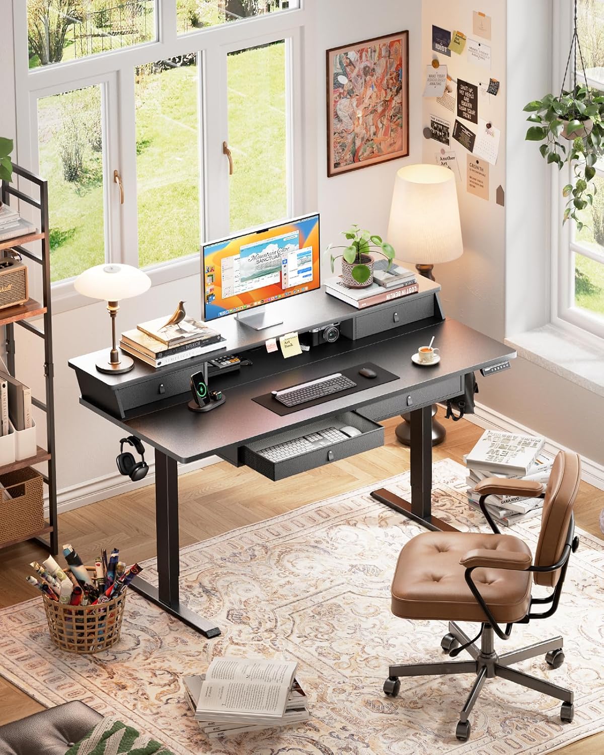 Kyspho 55″ x 30″ Standing Desk with Drawers, Electric Height Adjustable Sit Stand Desk with Storage Shelf, 4 Memory Preset Computer Desk with Cable Management Tray for Home Office, Black