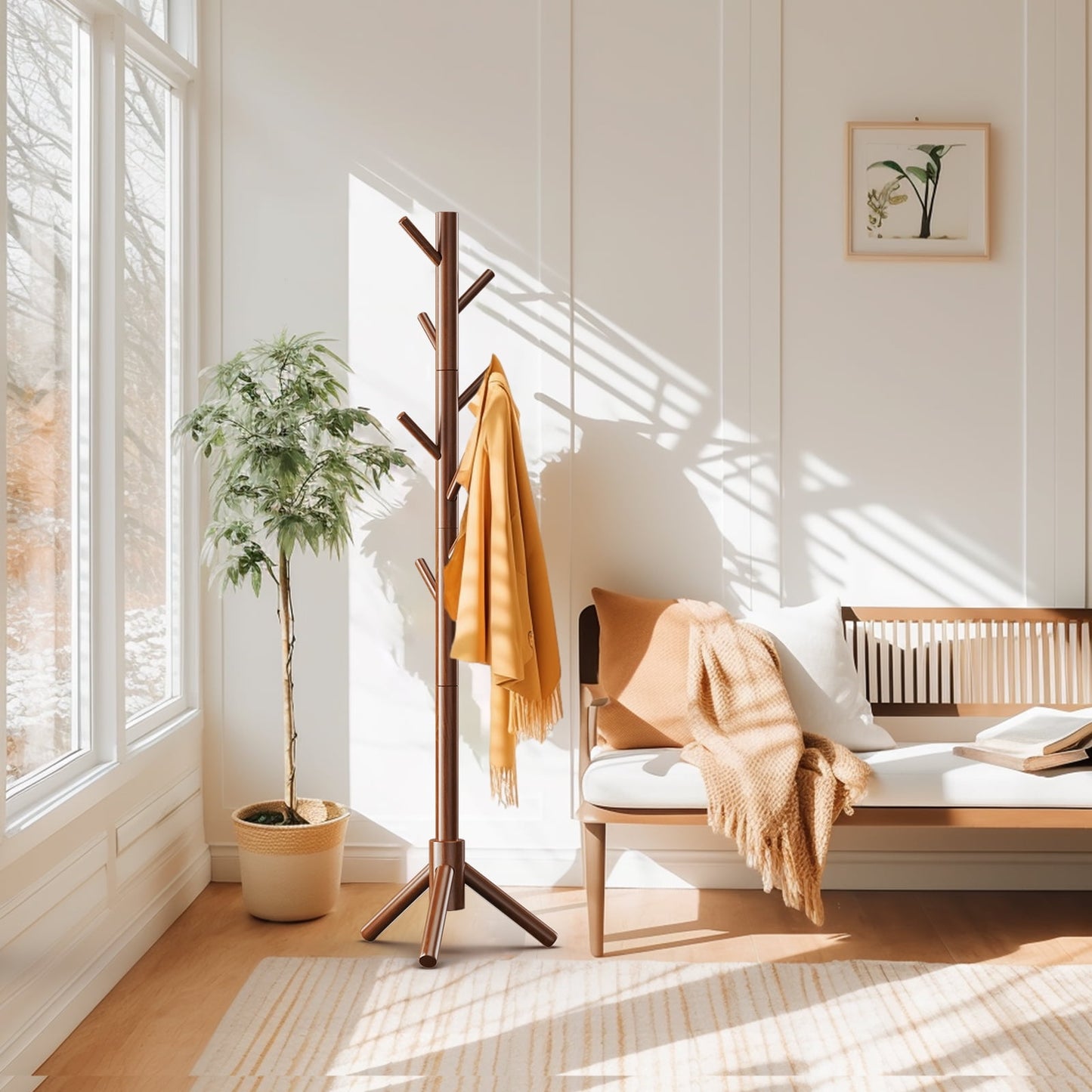 Coat Rack Stand with 3 Height Options and 8 Hooks Wooden Tall Freestanding Coat Rack for Home, Office, Entryway, Hallway