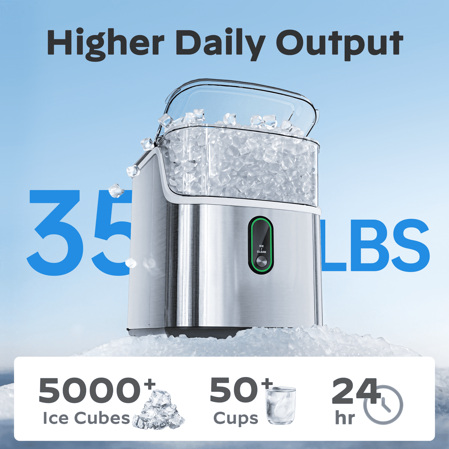 Philergo Nugget Ice Maker Countertop, Pebble Ice Maker Machine with Self-Cleaning, 34lbs/24hr, Soft Chewable Pellet Ice Maker for Home, Kitchen, Stainless Steel