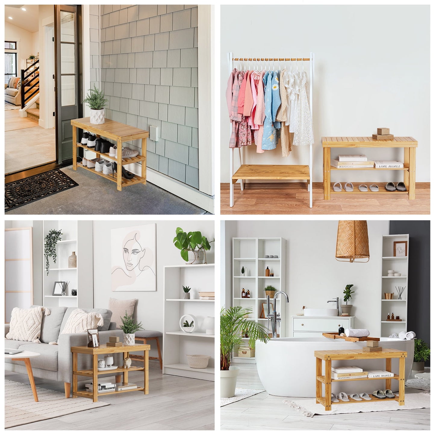 CHITOOMA 3 Tier Bamboo Shoe Storage Bench for Entryway,Wood Hallway Shoe Rack Shoe Organizer Shelf for Living Room Bedroom,Natural