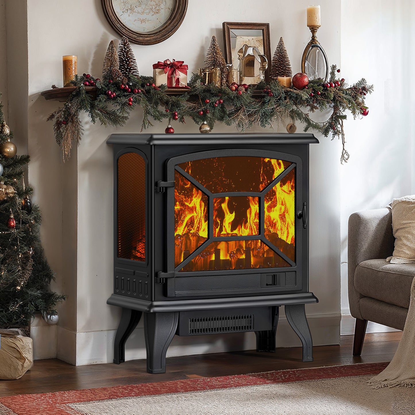 24'' Freestanding Electric Fireplace Heater Stove Portable Infrared Fireplace for Indoor, W/ Remote, Thermostat, 3 Variable Flame