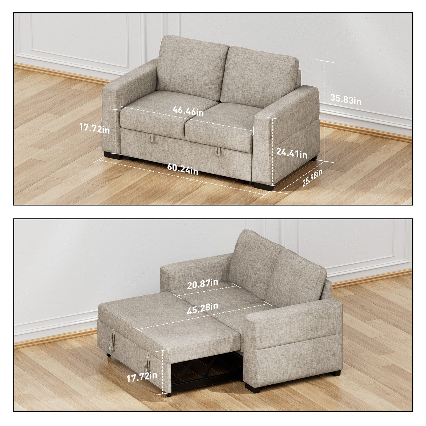 CHITOOMA 60'' Linen Pull Out Sofa Bed Convertible Sleeper Couch with Charging Port, Upholstered Sectional Sofa with 2 Pillows, Reclining Sofas for Living Room, Beige