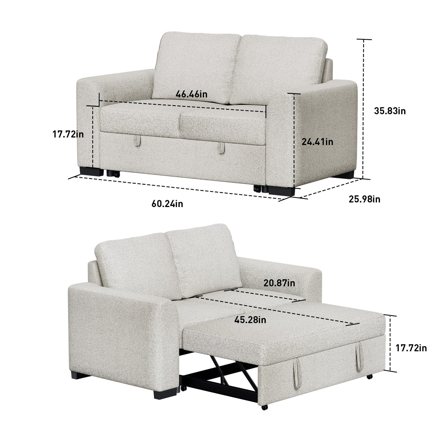 CHITOOMA 60'' Pull Out Sofa Bed Convertible Sleeper Couch with Charging Port, Upholstered Sectional Sofa with 2 Pillows, Reclining Sofas for Living Room, Beige