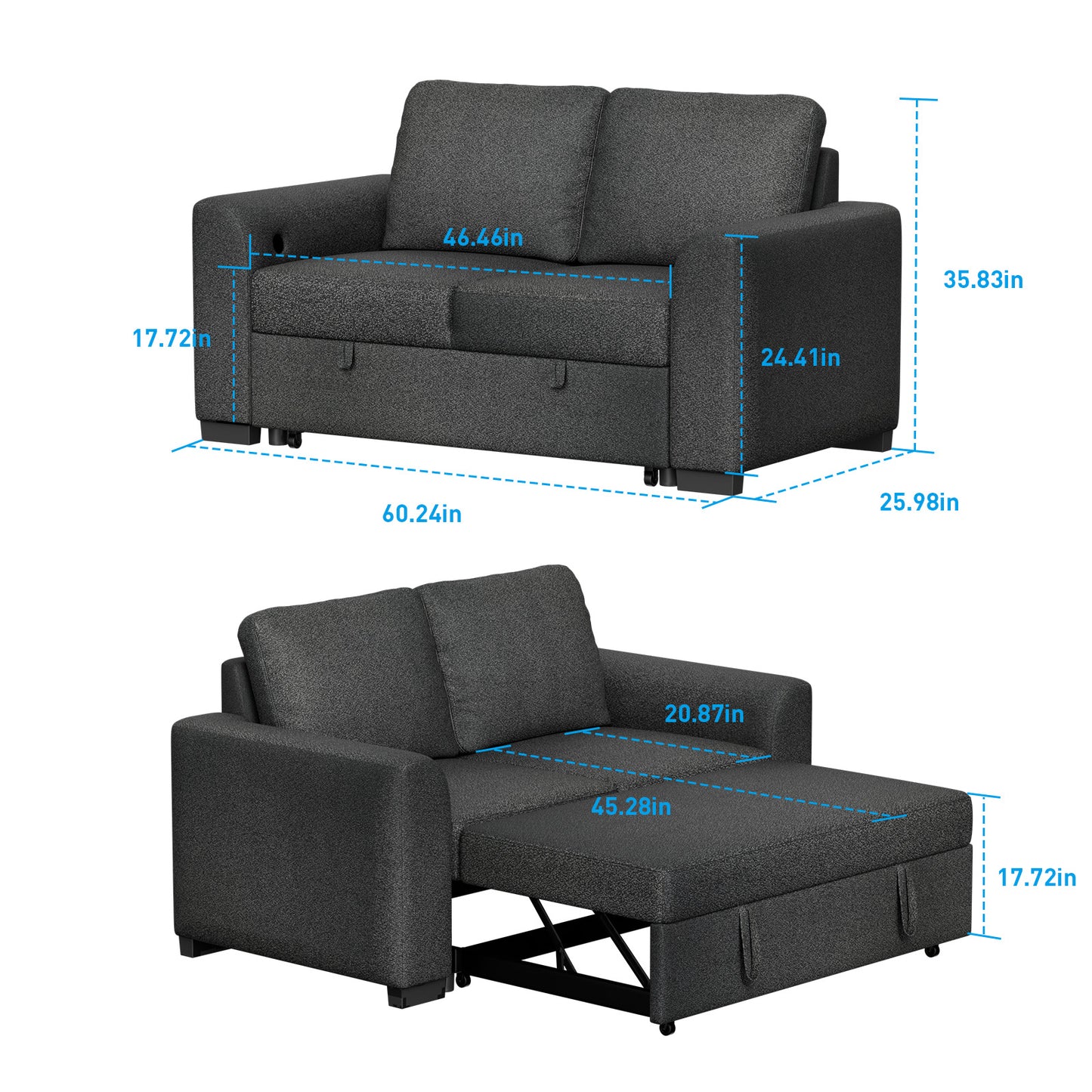 CHITOOMA 60'' Pull Out Sofa Bed Convertible Sleeper Couch with Charging Port, Upholstered Sectional Sofa with 2 Pillows, Reclining Sofas for Living Room, Black
