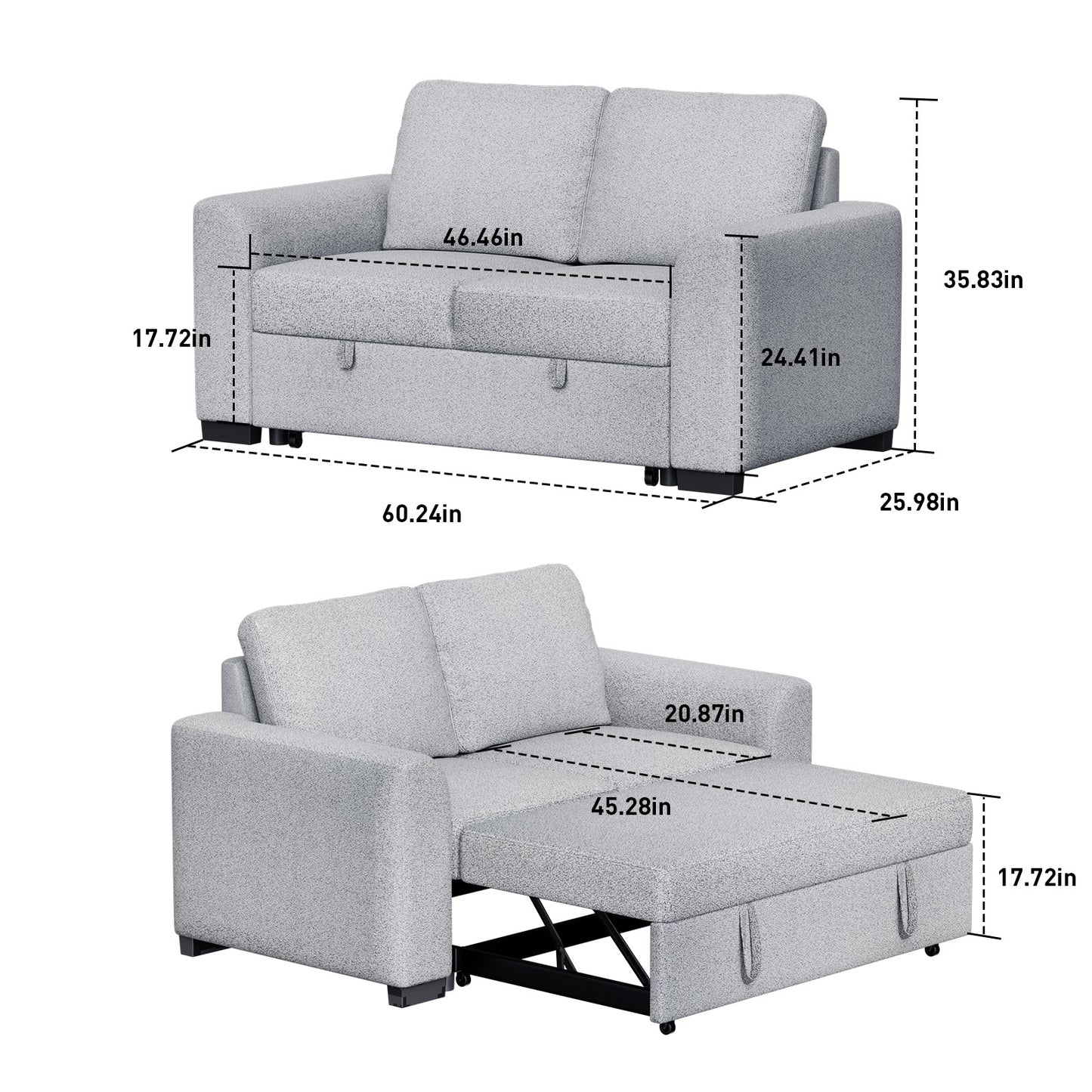 CHITOOMA 60'' Pull Out Sofa Bed Convertible Sleeper Couch with Charging Port, Upholstered Sectional Sofa with 2 Pillows, Reclining Sofas for Living Room, Light Gray