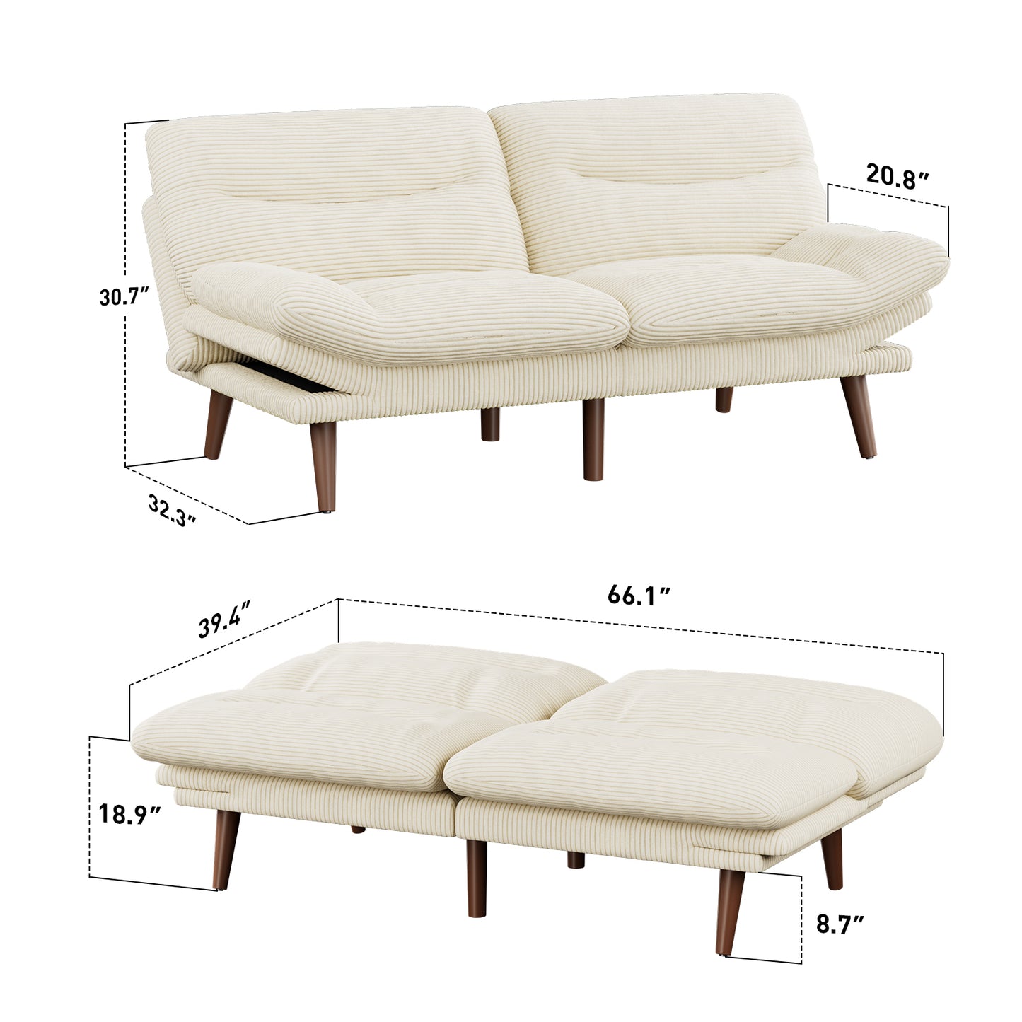 CHITOOMA 66'' Futon Sofa Bed, White Corduroy Memory Foam Futon Sleeper Sofa Loveseat Convertible Couch Bed for Small Compact Living Spaces,Apartment