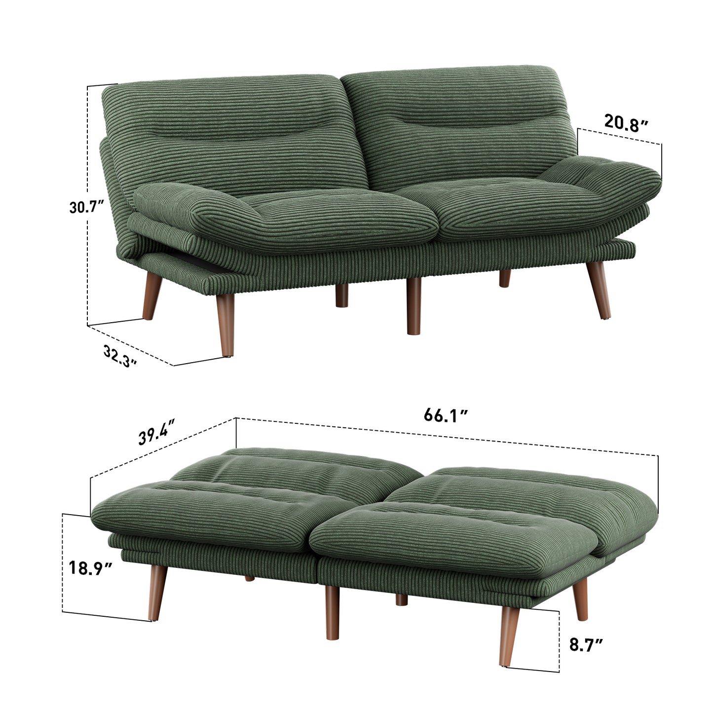 CHITOOMA 66'' Futon Sofa Bed, Green Corduroy Memory Foam Futon Sleeper Sofa Loveseat Convertible Couch Bed for Small Compact Living Spaces,Apartment