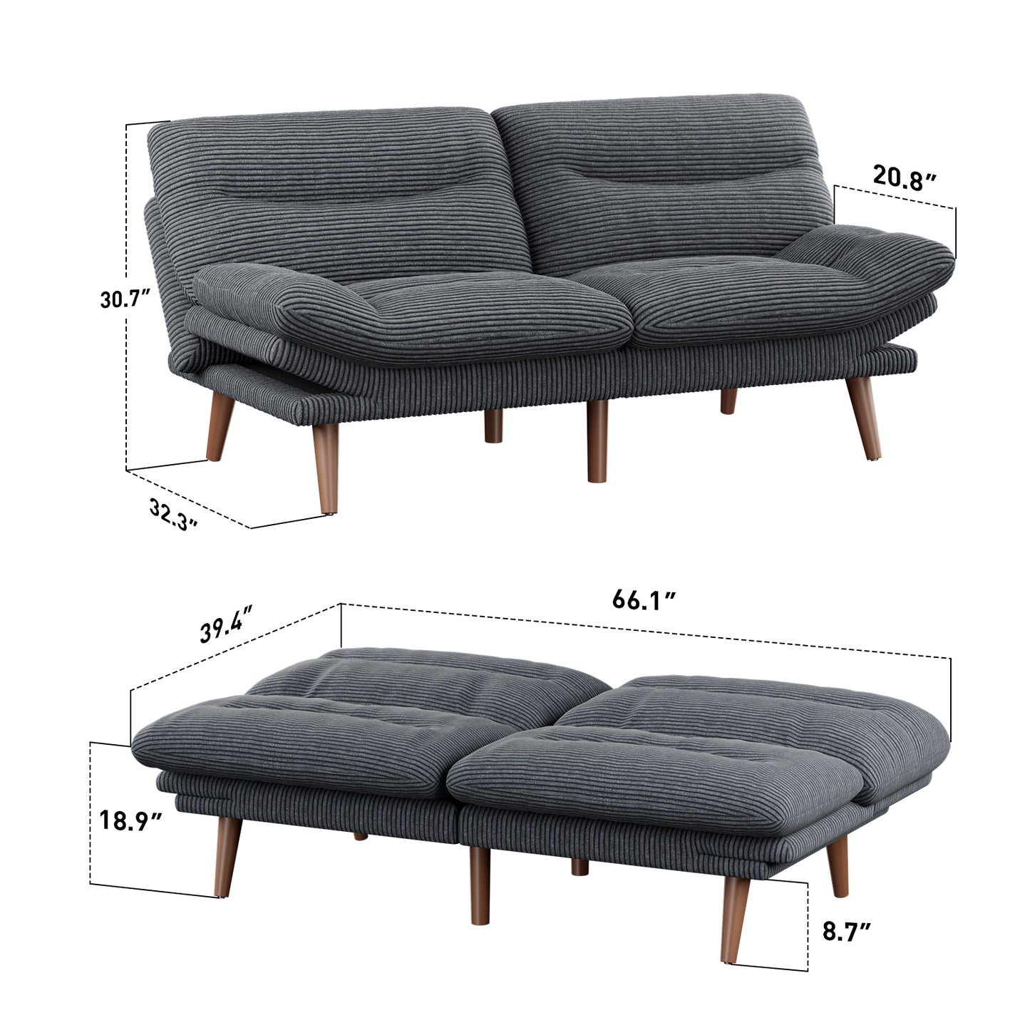 CHITOOMA 66'' Futon Sofa Bed, Grey Corduroy Memory Foam Futon Sleeper Sofa Loveseat Convertible Couch Bed for Small Compact Living Spaces,Apartment