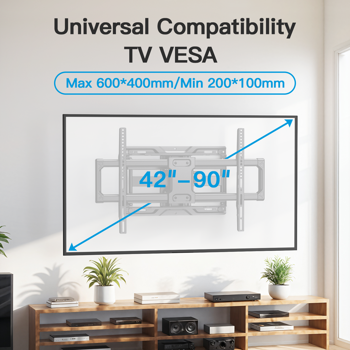 MountFTV Full Motion TV Wall Mount Bracket with Tool-Free Tilt for 37-90 inch TVs, Max 600x400mm, Holds up to 132 lbs