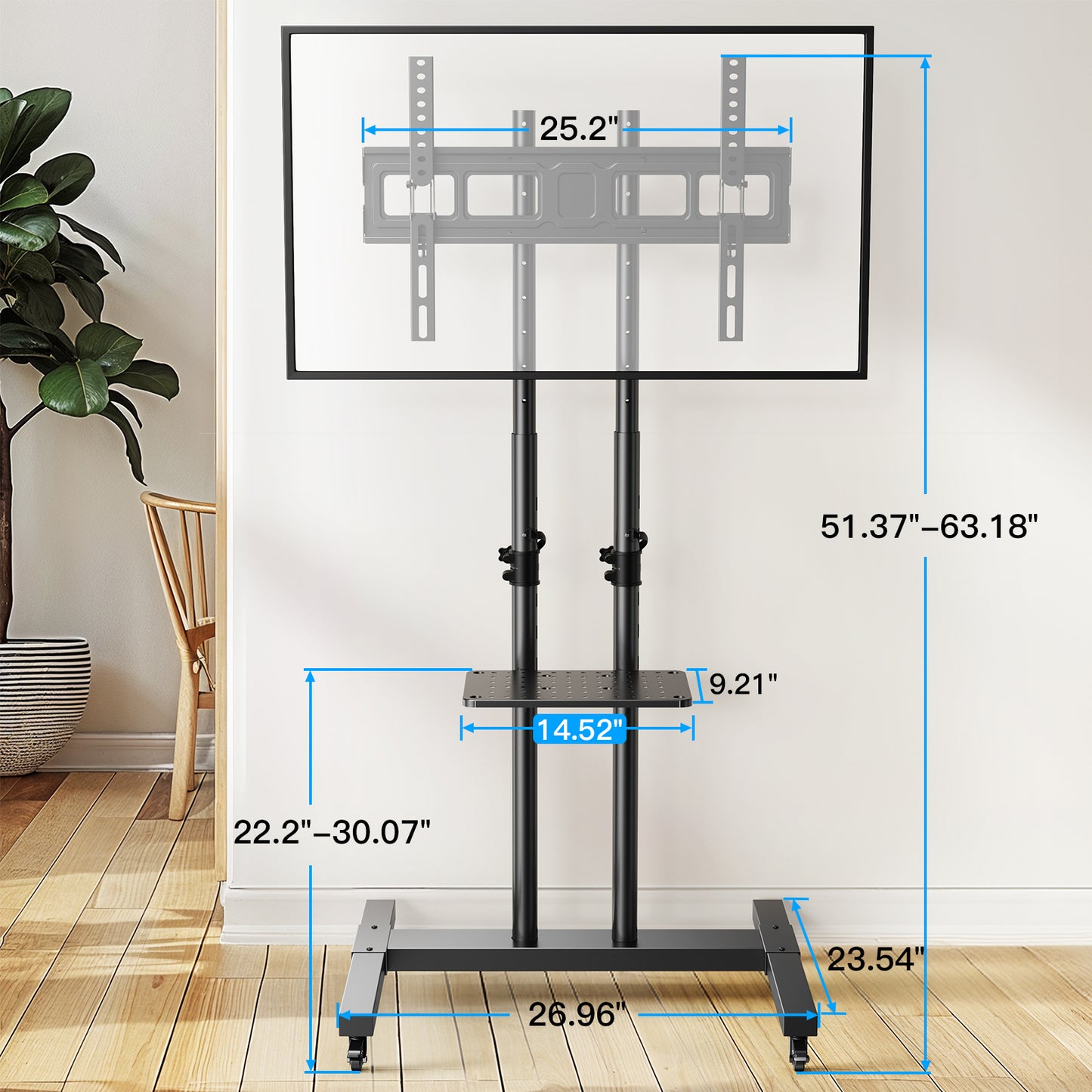 Modern Rolling Floor TV Stand Mobile Tilting TV Cart Floor TV Stand with Shelf for 32-75 inch Flat Panel TVs,Max 600x400mm