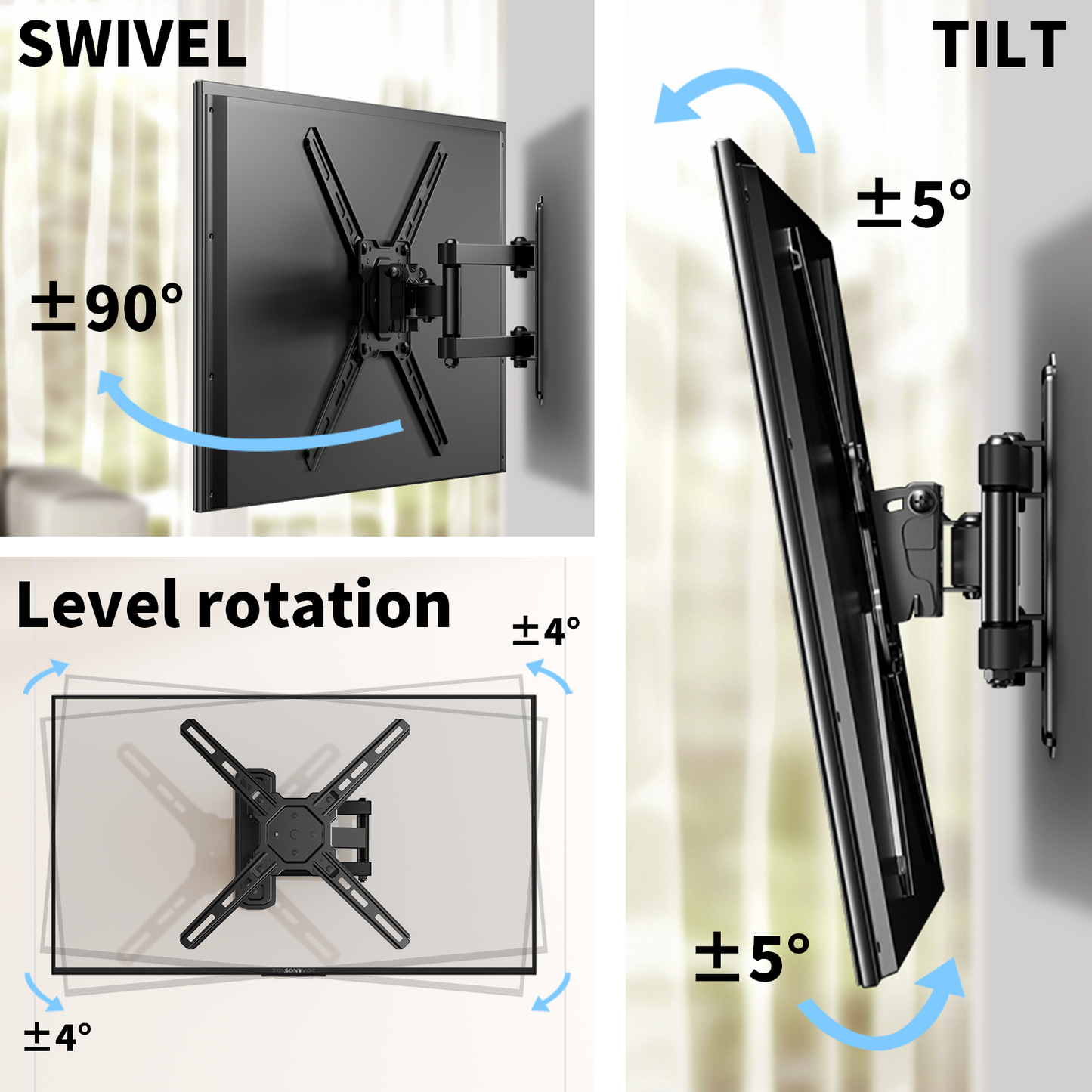 MountFTV Full Motion TV Wall Mount with 360°Rotation for Most 26–50 inch TVs, TV Monitor Wall Mount Bracket holds up to 55lbs, Max 400x400mm