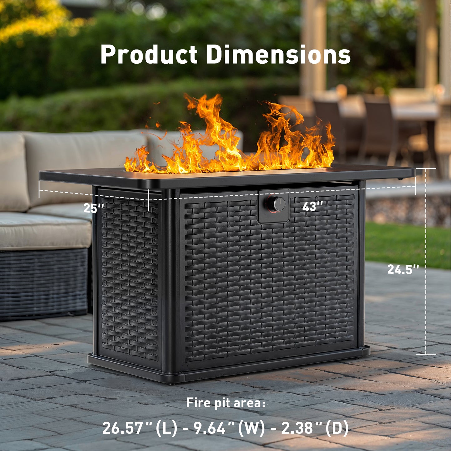 43" Rectangular Propane Gas Fire Pit Table with Glass Rocks for Patio & Garden, Black Outdoor Fireplace with Lid & Lava Rocks