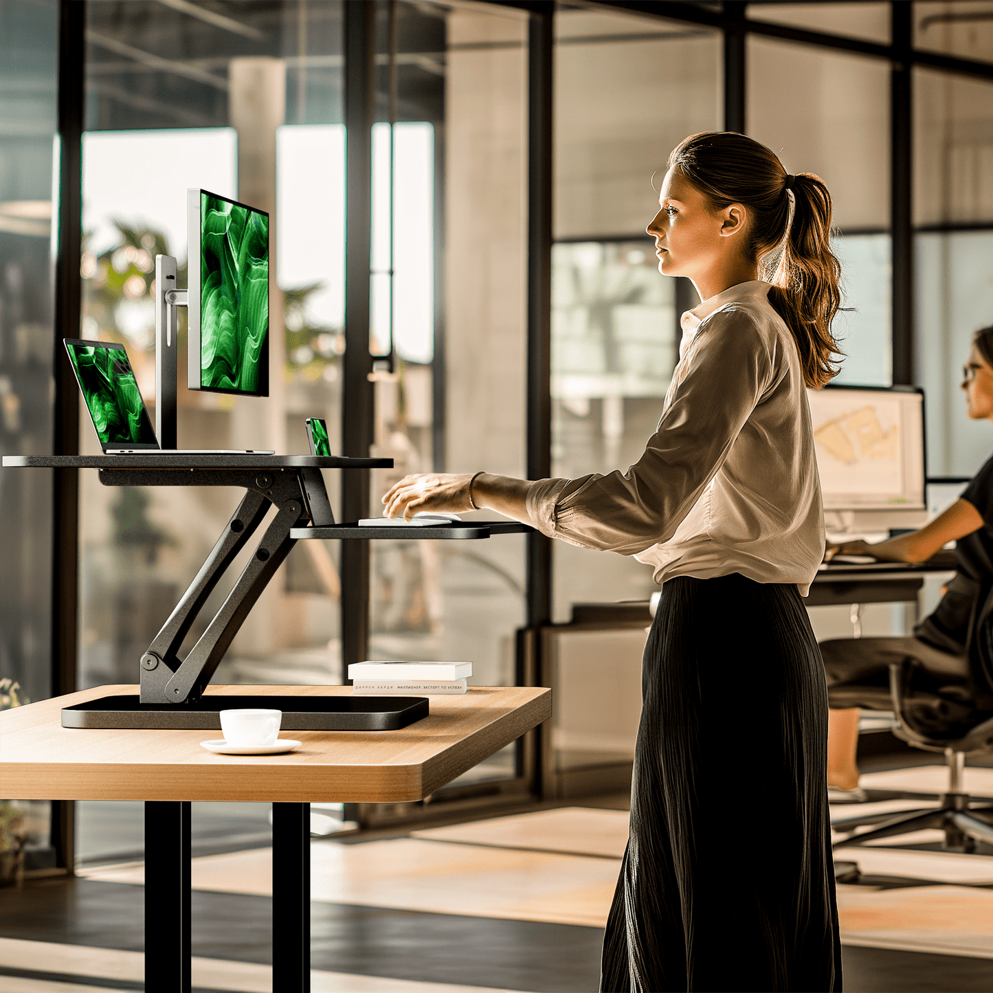 Standing Desk Converter, 32 inch Height Adjustable Desk Riser or Dual Monitor Workstation with Removable Keyborad Tray for Home Office