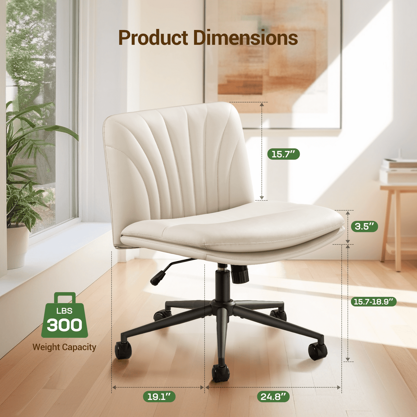 PU Armless Office Desk Chair with Wheels,PU Leather Cross Legged Wide Chair,Mid Back Adjustable Swivel Computer Task Chairs Vanity Chair for Home,Office(Beige) - Walmart.com