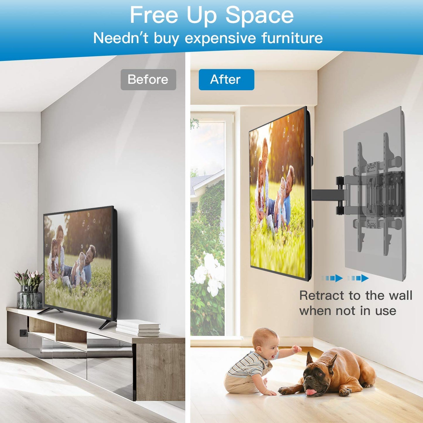 MountFTV Full Motion Dual Articulating Arms Extension Rotation Tilt TV Wall Mount for 37-75 inch LED LCD OLED 4K Flat Curved TV, Max 600x400mm, Holds up to 132 lbs